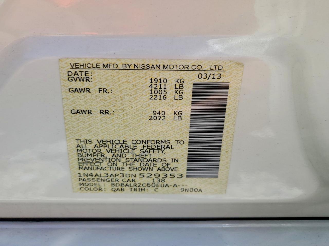 2013 Nissan Altima 2.5 White vin: 1N4AL3AP3DN529353