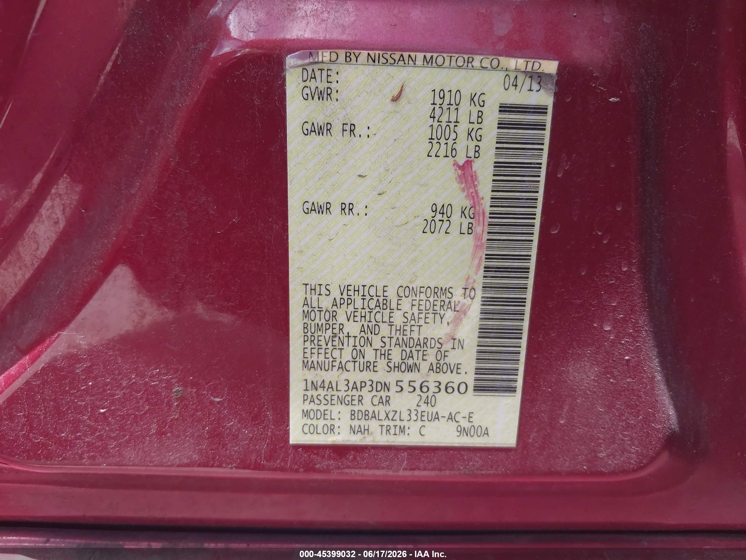 2013 Nissan Altima 2.5 Sl Burgundy vin: 1N4AL3AP3DN556360