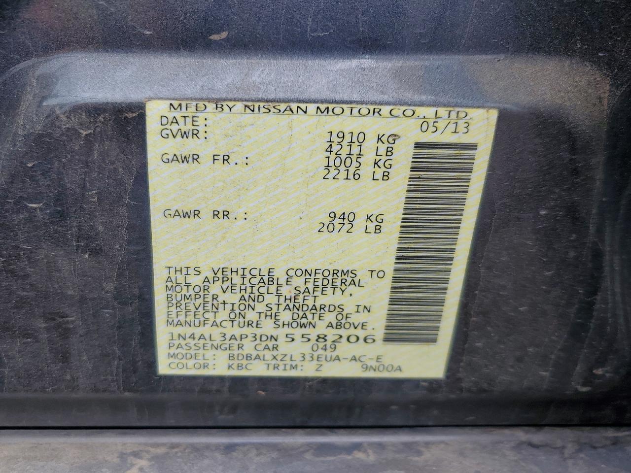 2013 Nissan Altima 2.5 Charcoal vin: 1N4AL3AP3DN558206