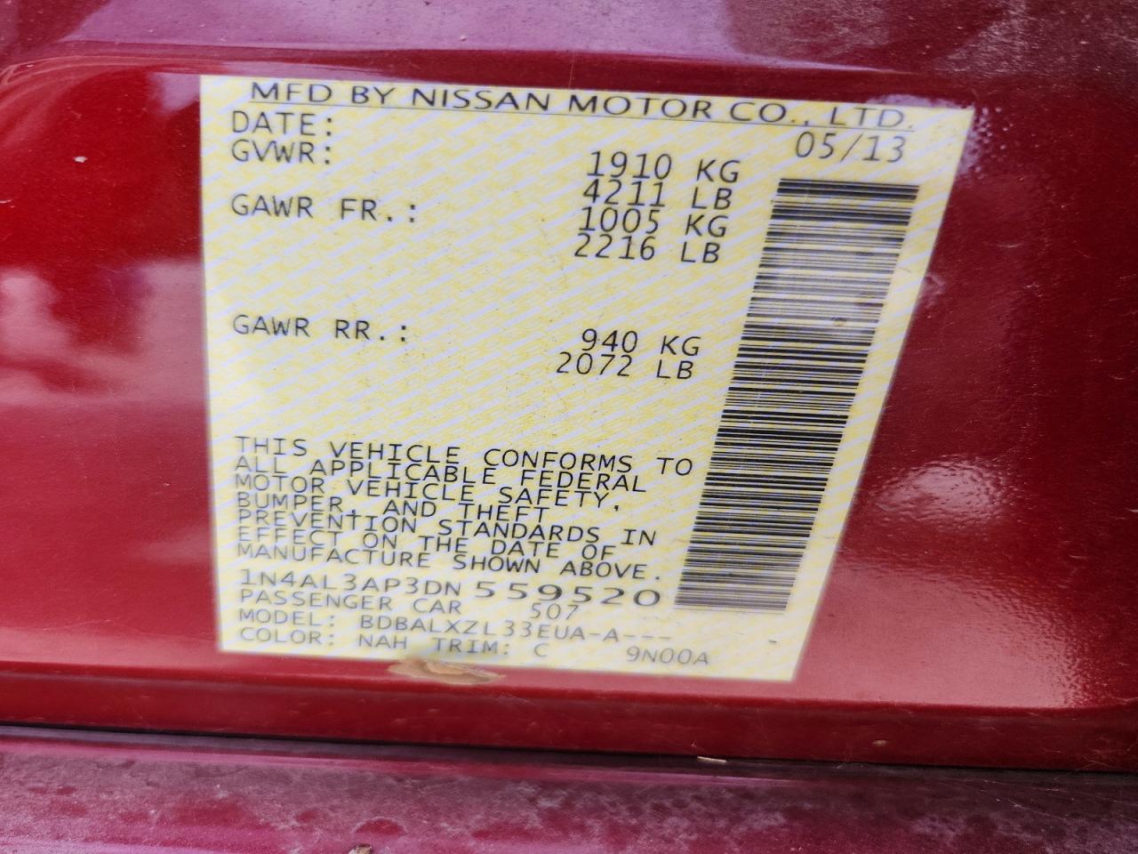 2013 Nissan Altima 2.5 Красный vin: 1N4AL3AP3DN559520