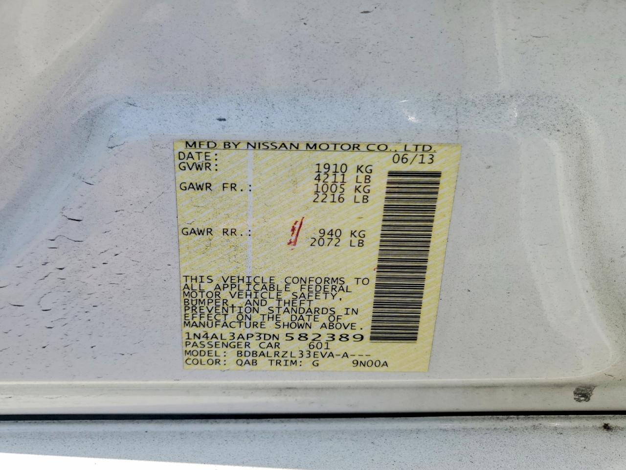 2013 Nissan Altima 2.5 Белый vin: 1N4AL3AP3DN582389