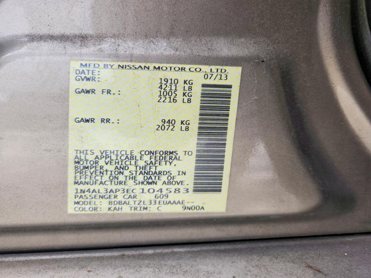 2014 Nissan Altima 2.5 Sv Gold vin: 1N4AL3AP3EC104583
