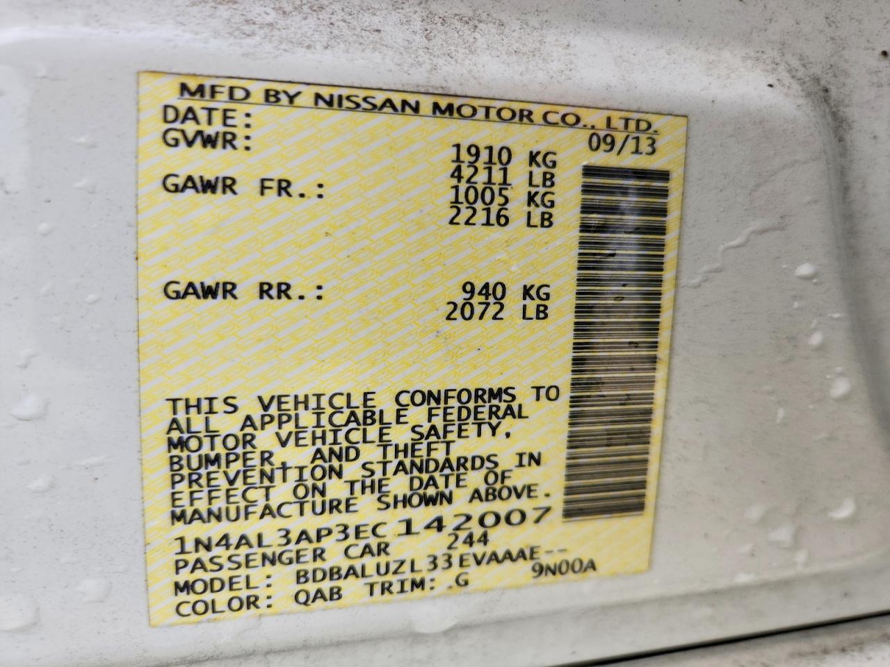 2014 Nissan Altima 2.5 Sv White vin: 1N4AL3AP3EC142007