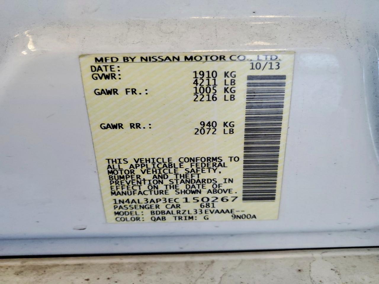 2014 Nissan Altima 2.5 S White vin: 1N4AL3AP3EC150267
