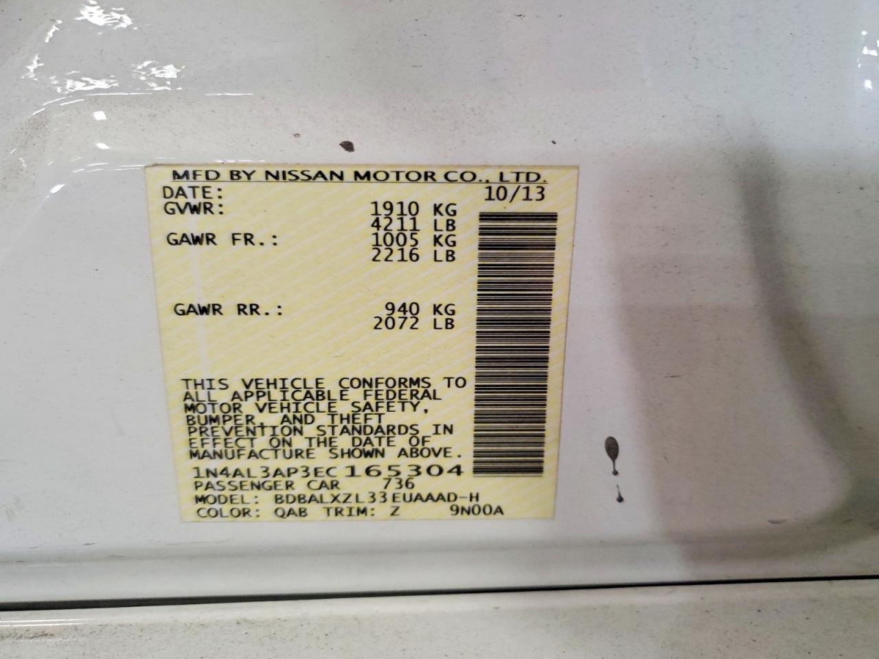 2014 Nissan Altima 2.5 Sl White vin: 1N4AL3AP3EC165304