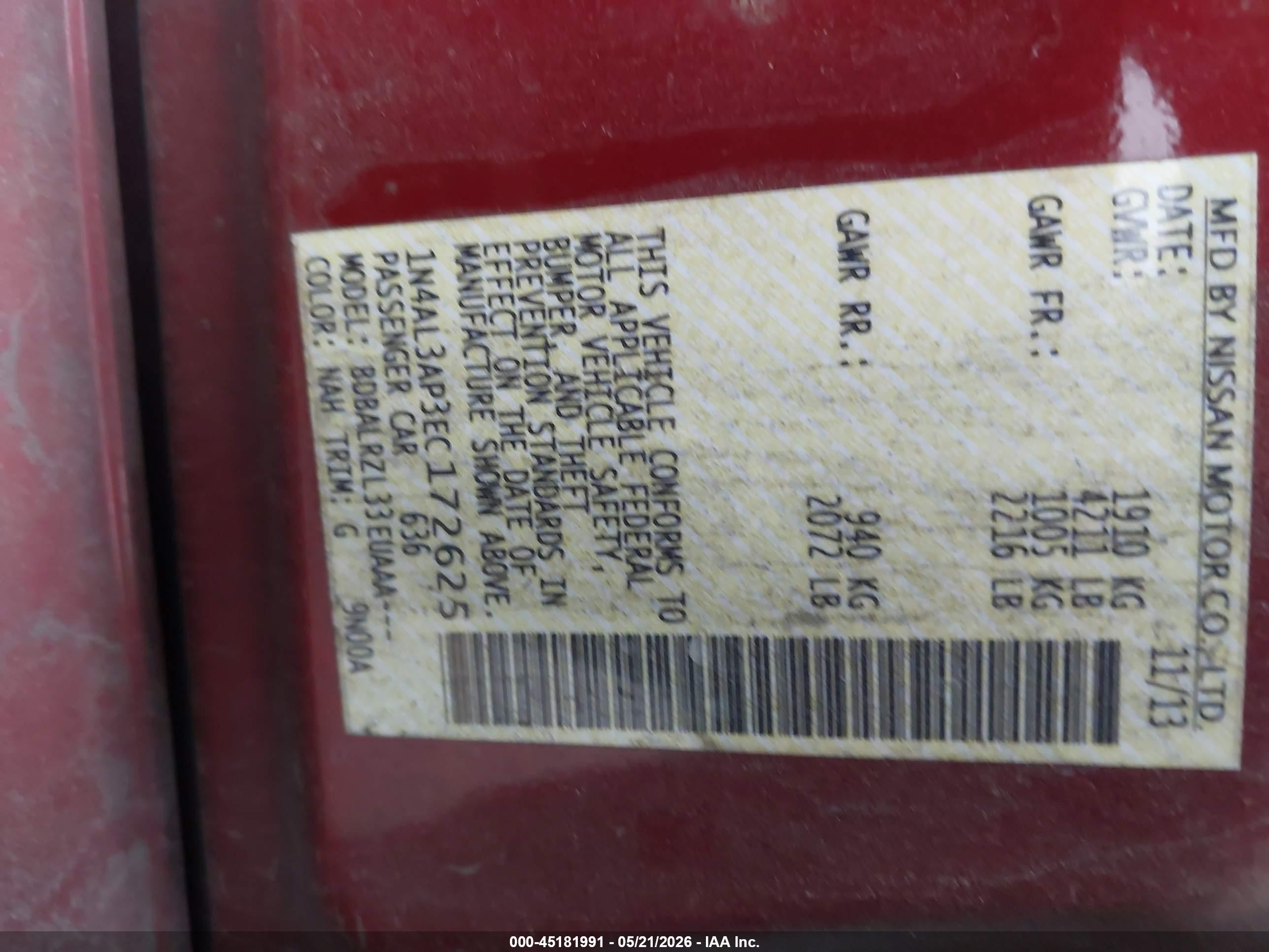 2014 Nissan Altima 2.5 S Red vin: 1N4AL3AP3EC172625