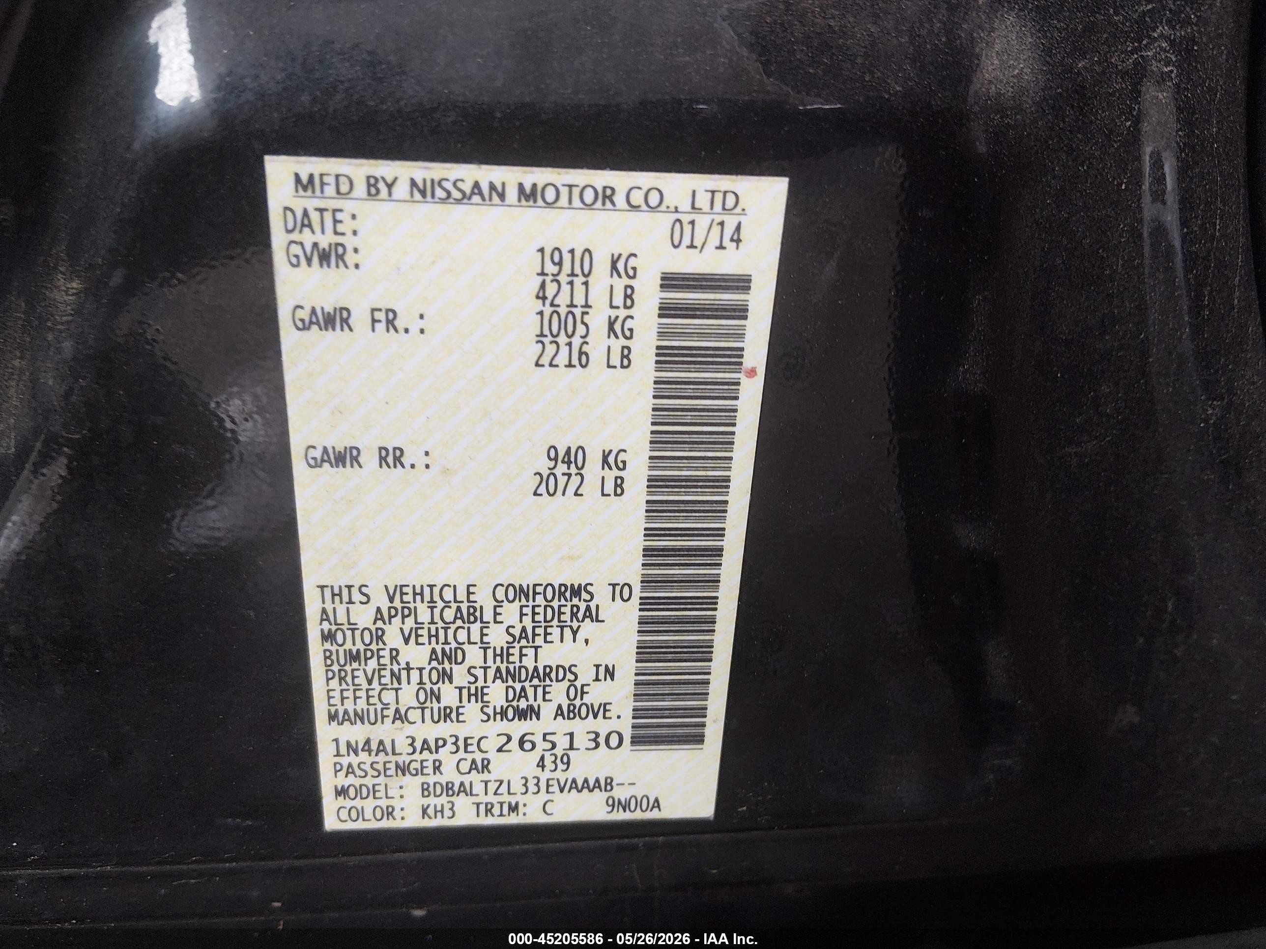 2014 Nissan Altima 2.5 Sv Black vin: 1N4AL3AP3EC265130