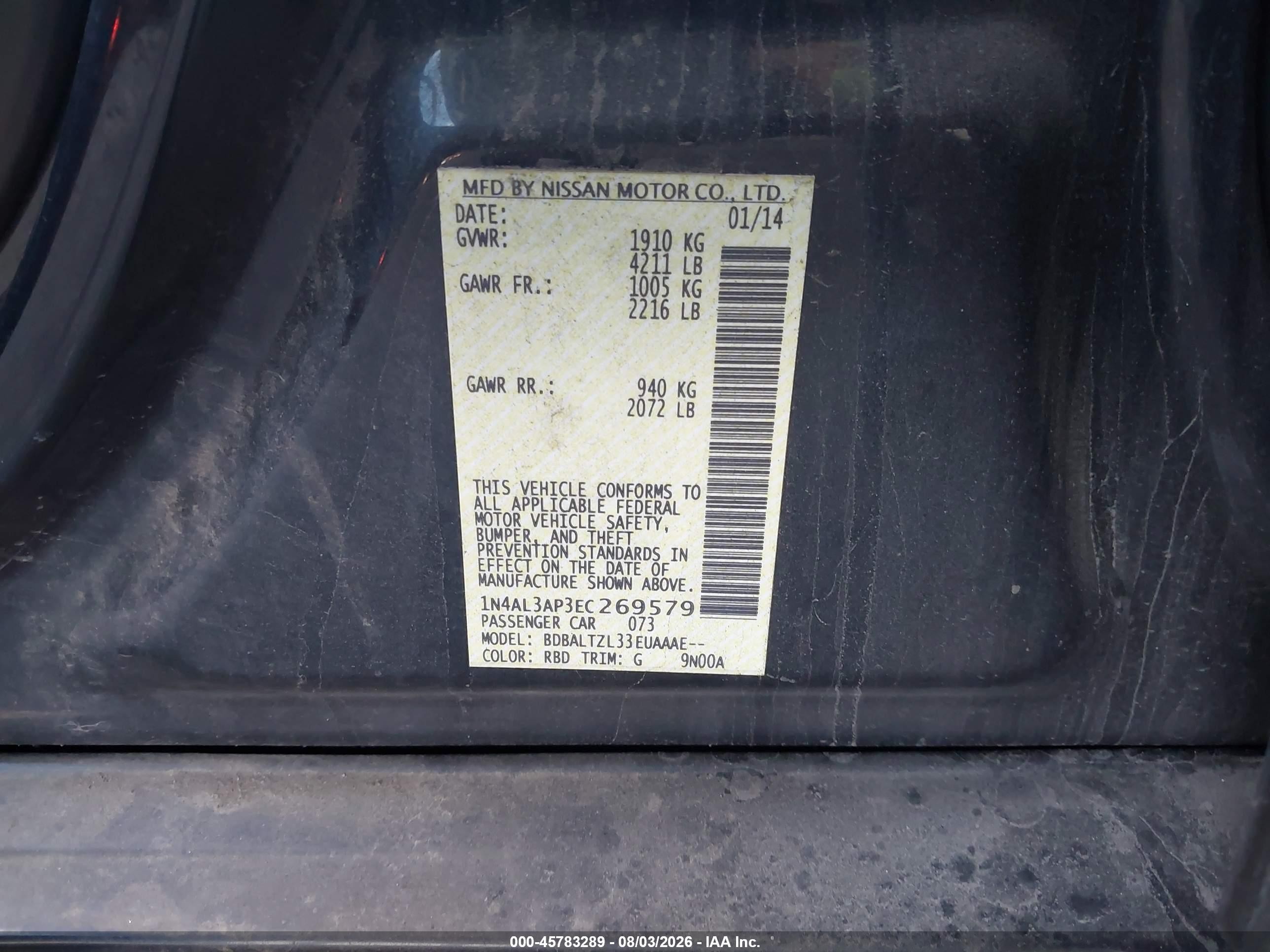 2014 Nissan Altima 2.5 Sv Blue vin: 1N4AL3AP3EC269579