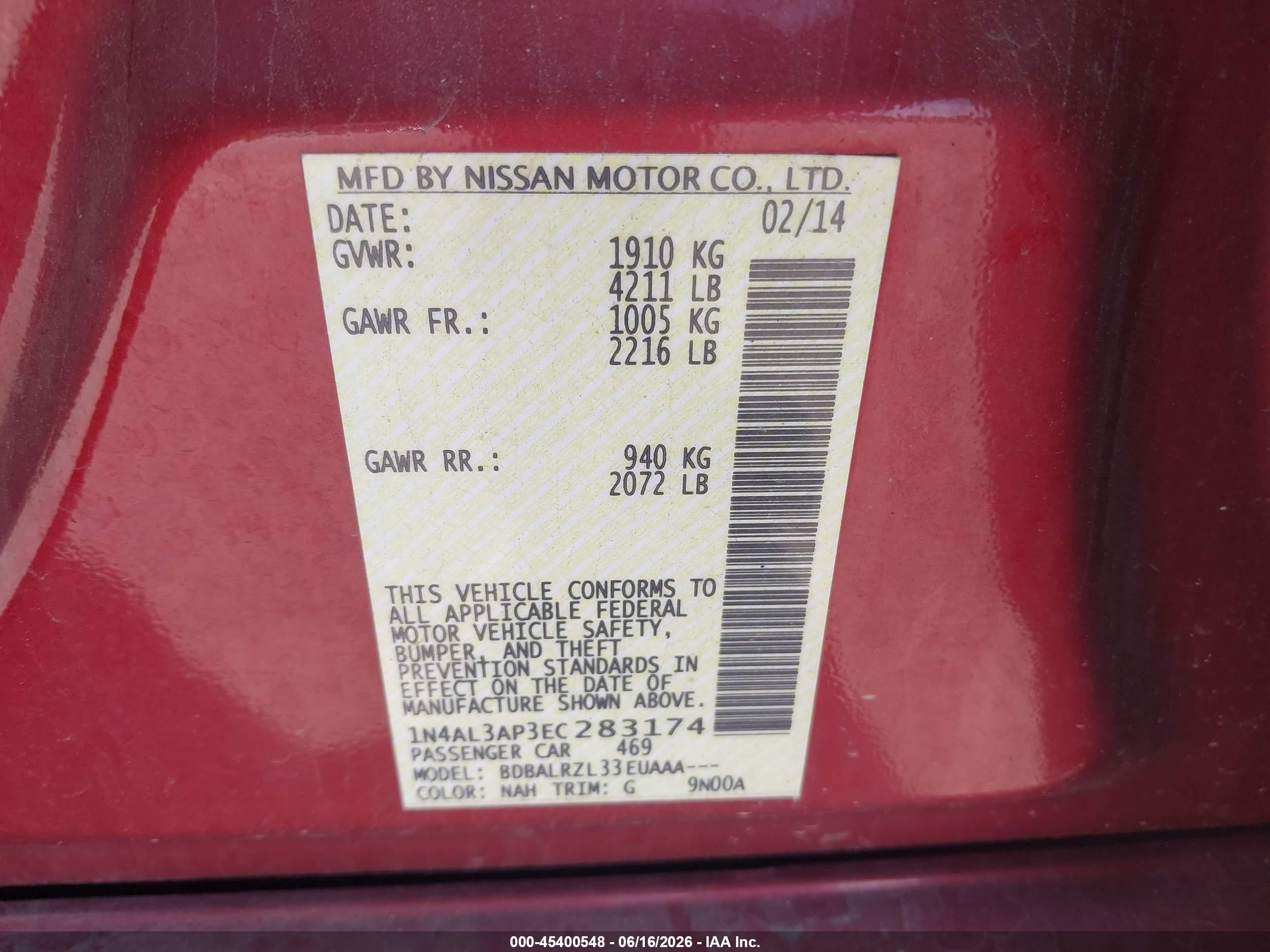2014 Nissan Altima 2.5/2.5 S/2.5 Sl/2.5 Sv Red vin: 1N4AL3AP3EC283174