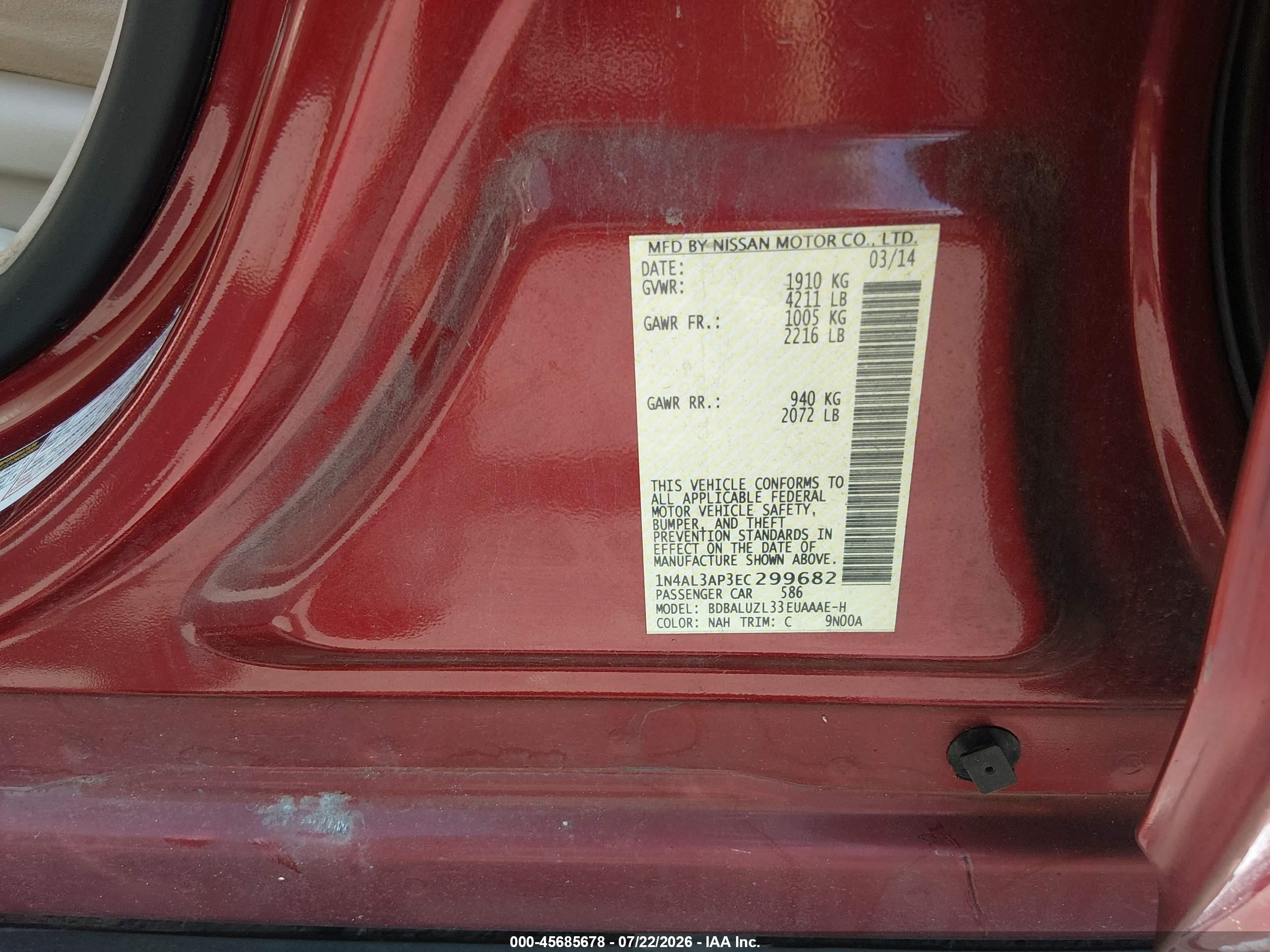 2014 Nissan Altima 2.5 Sv Red vin: 1N4AL3AP3EC299682