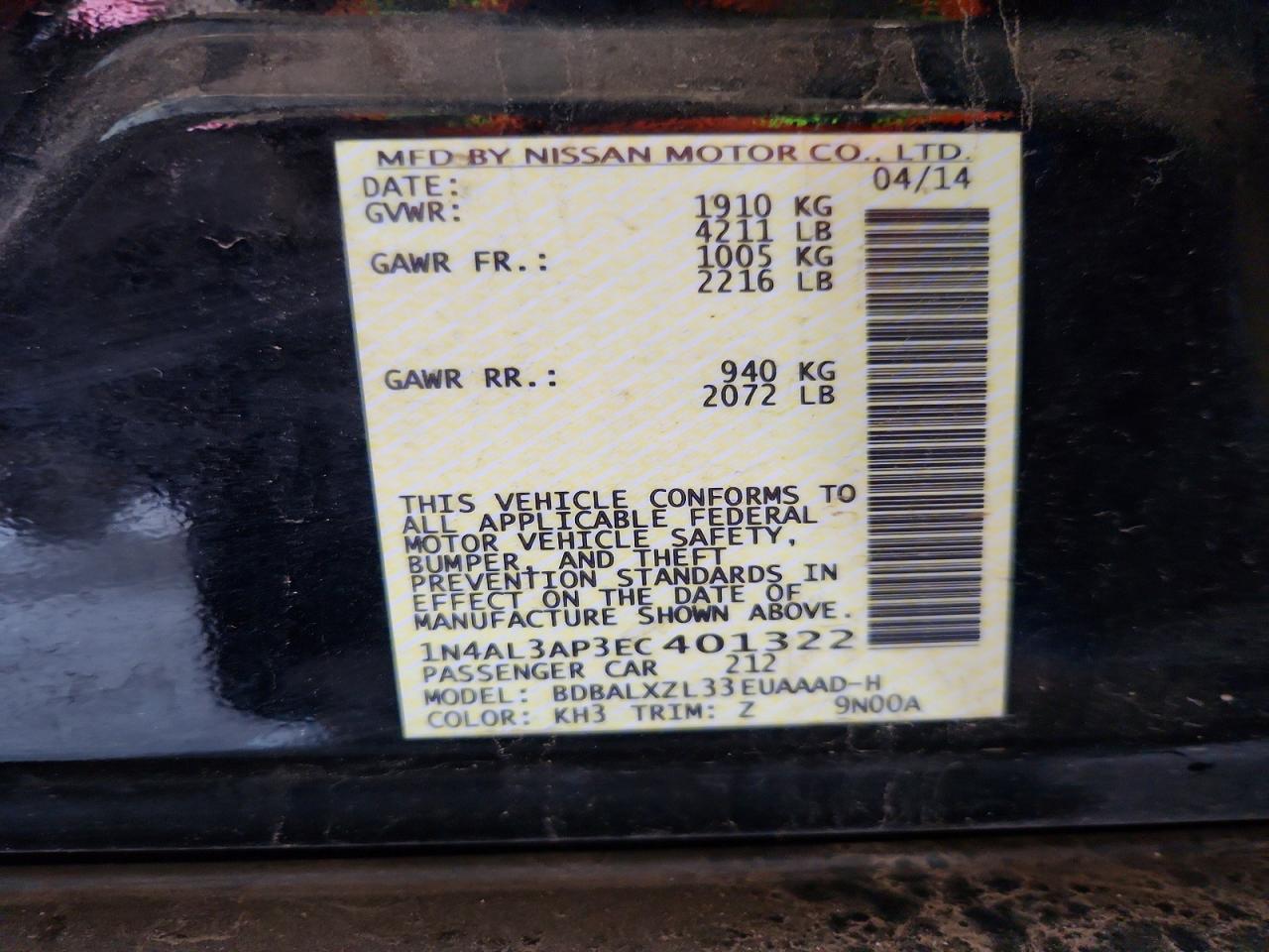 2014 Nissan Altima 2.5 Sl Gray vin: 1N4AL3AP3EC401322