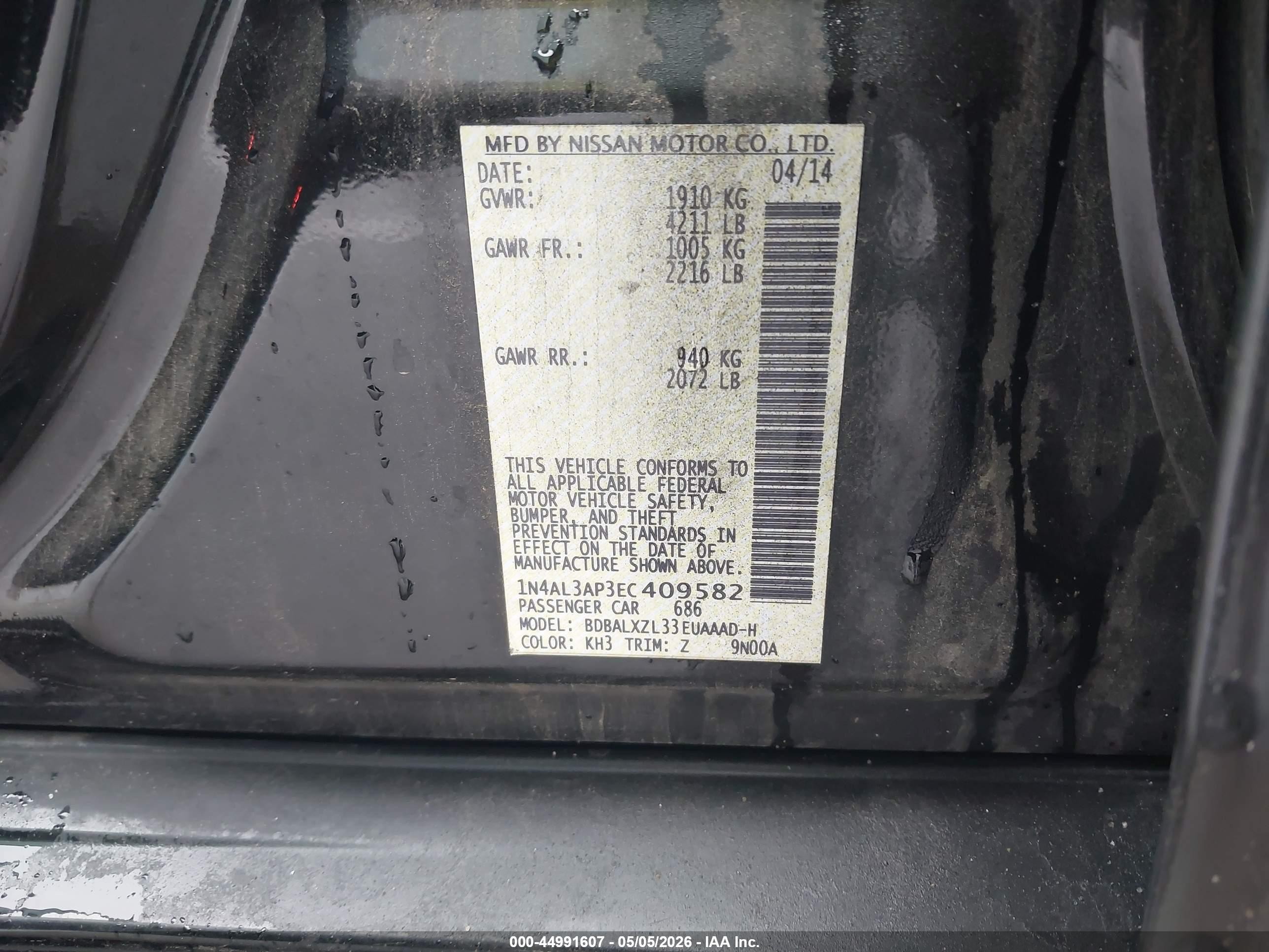 2014 Nissan Altima 2.5 Sl Black vin: 1N4AL3AP3EC409582