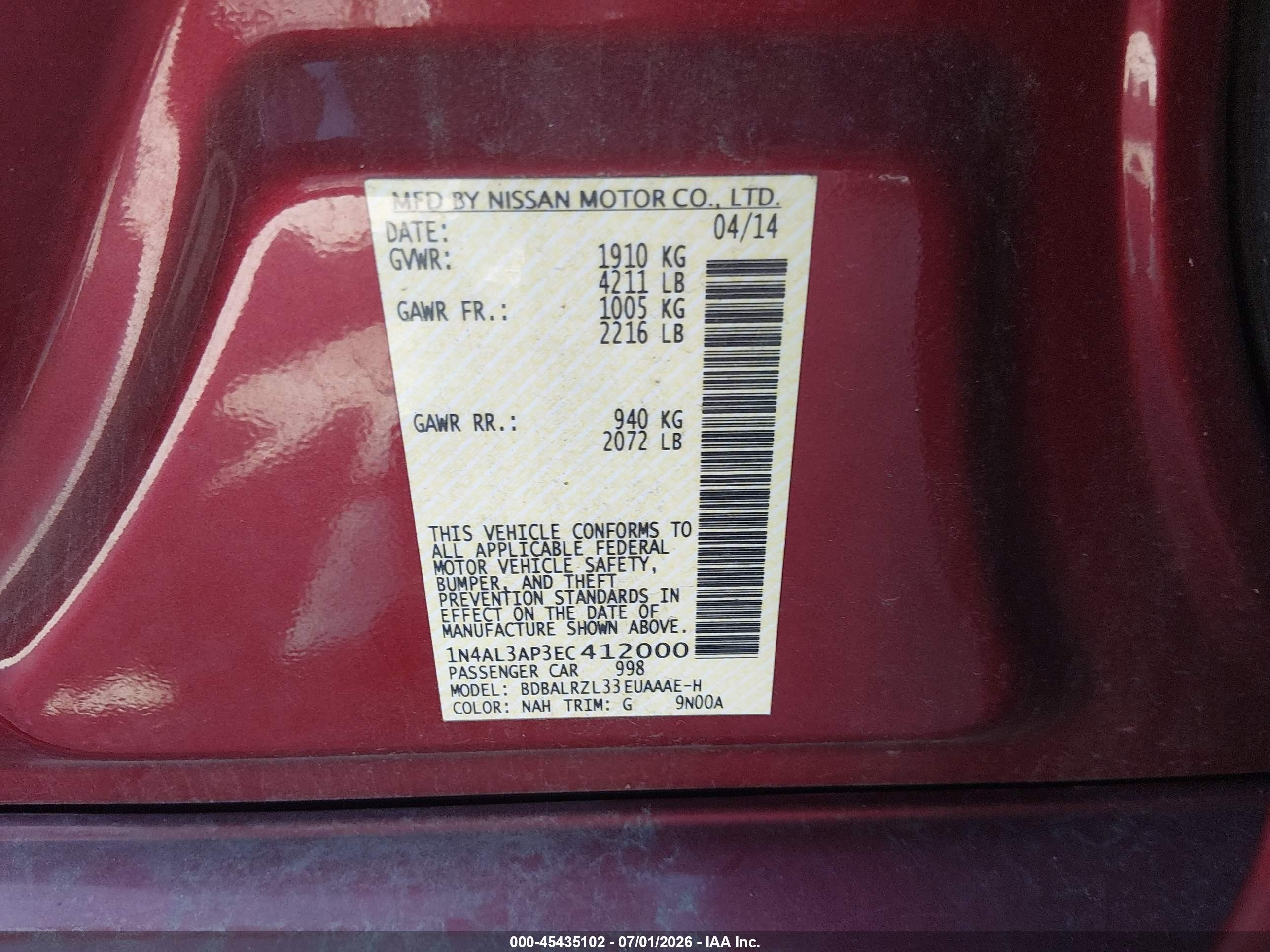 2014 Nissan Altima 2.5 S Red vin: 1N4AL3AP3EC412000