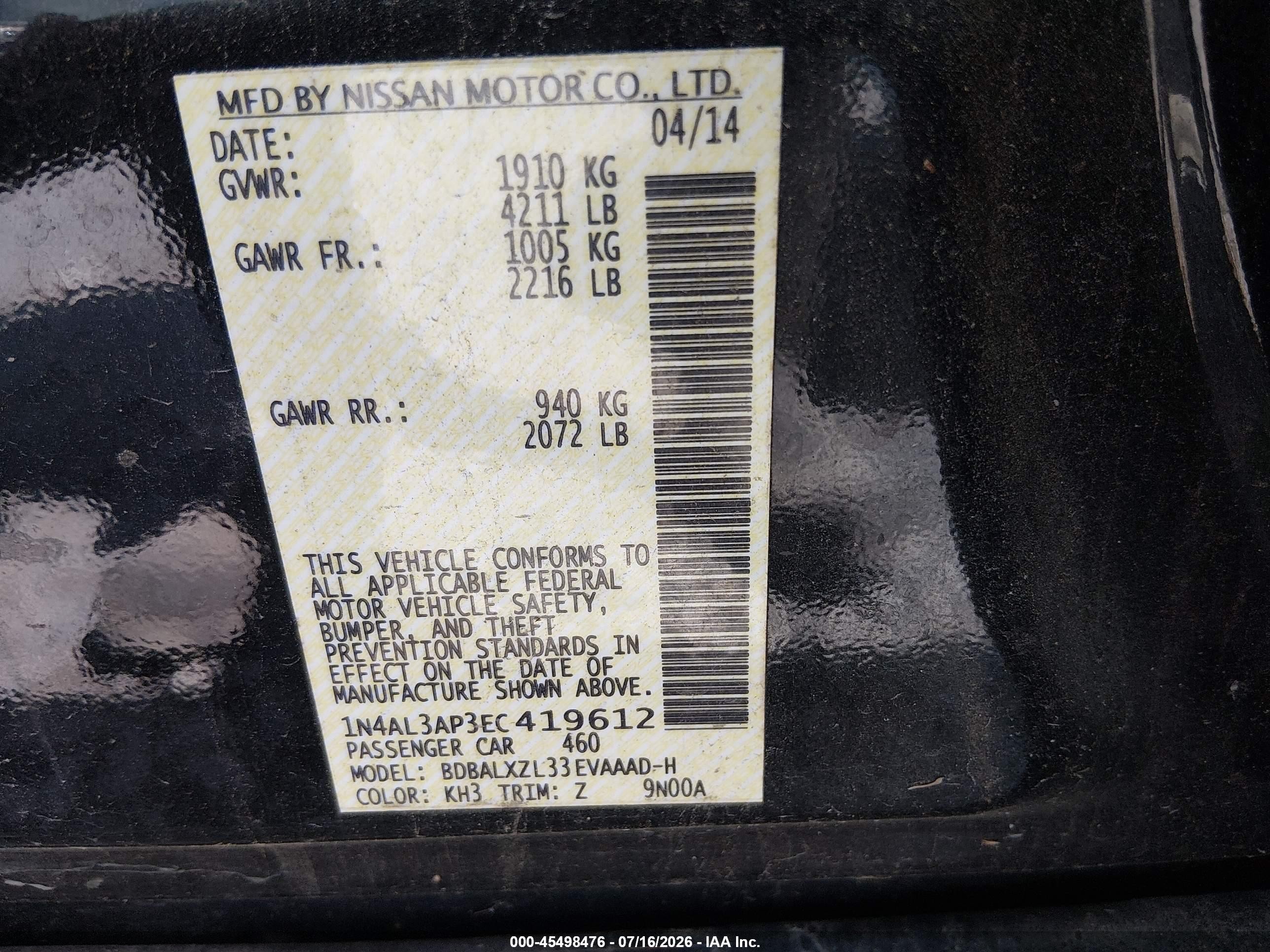 2014 Nissan Altima 2.5 Sl Black vin: 1N4AL3AP3EC419612