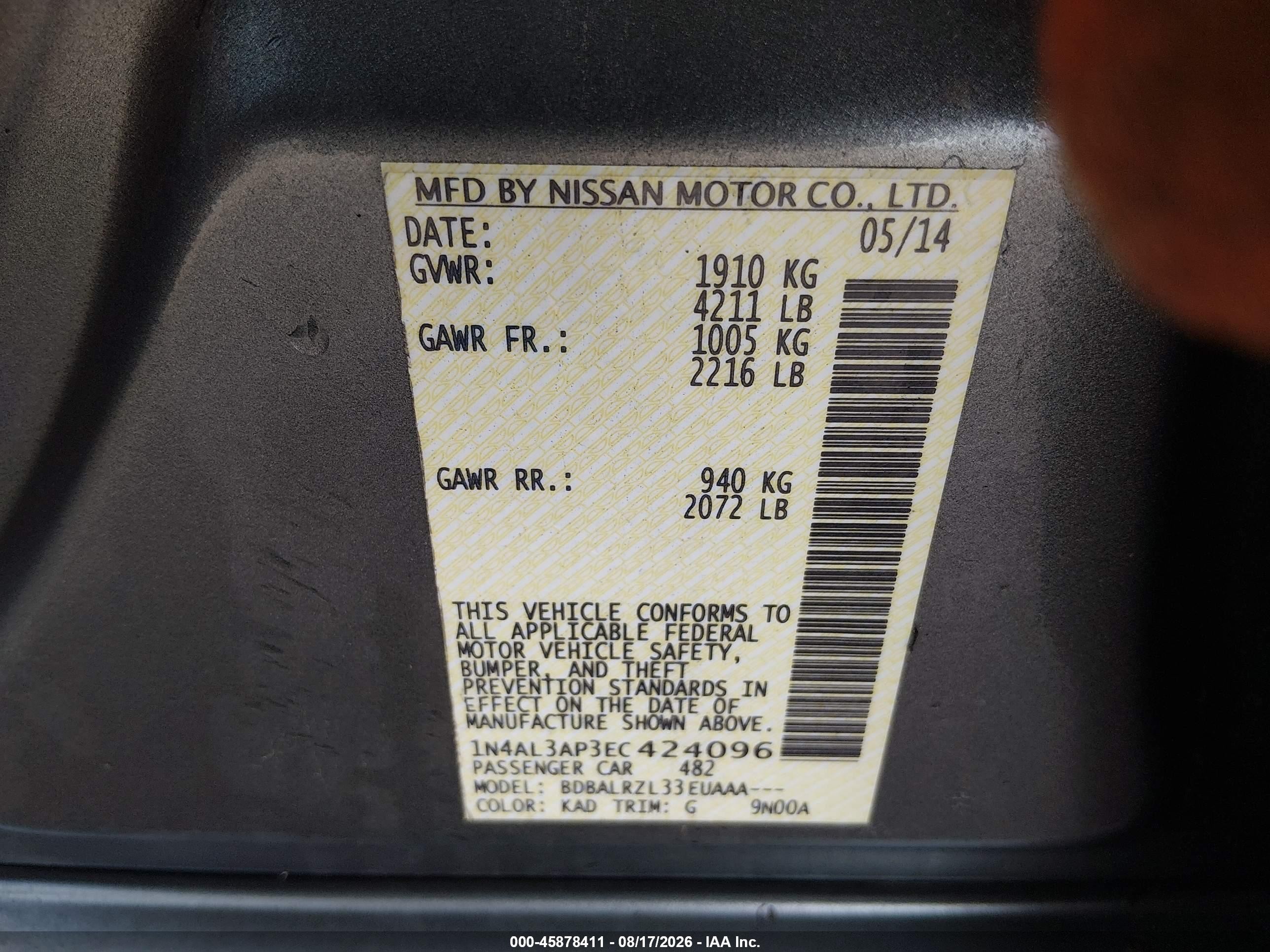 2014 Nissan Altima 2.5/2.5 S/2.5 Sl/2.5 Sv Gray vin: 1N4AL3AP3EC424096
