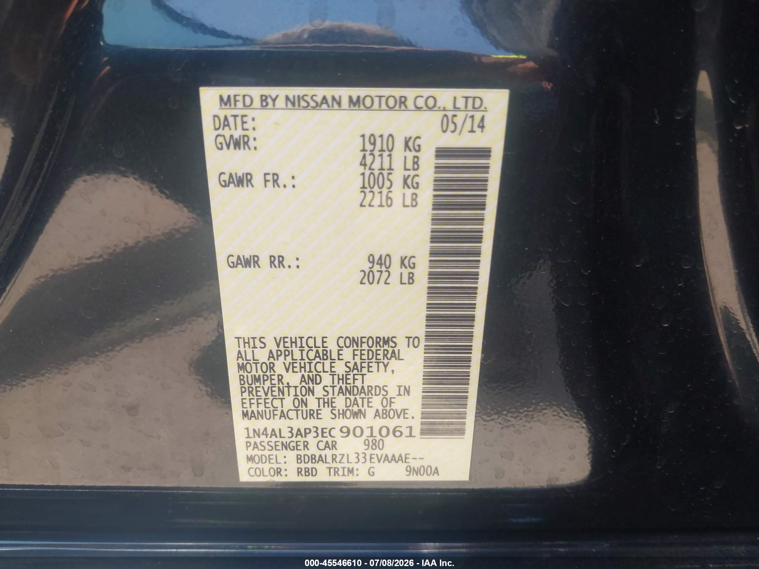 2014 Nissan Altima 2.5 S Black vin: 1N4AL3AP3EC901061