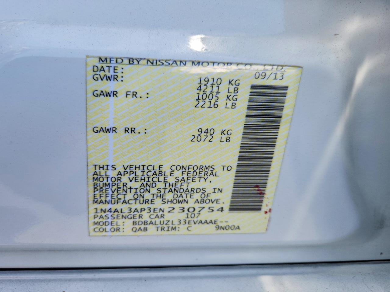 2014 Nissan Altima 2.5 Sv White vin: 1N4AL3AP3EN230754