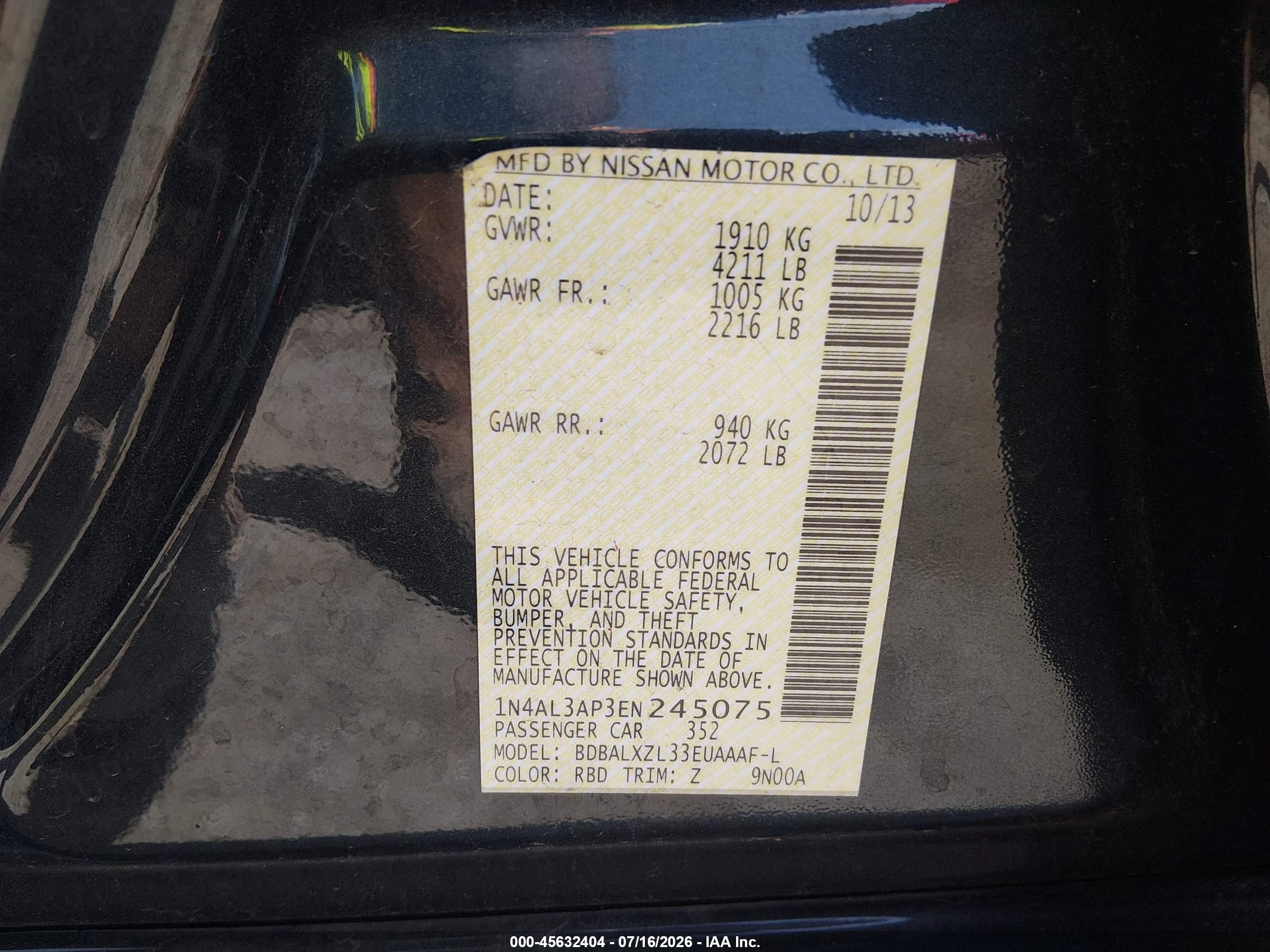 2014 Nissan Altima 2.5 Sl Black vin: 1N4AL3AP3EN245075