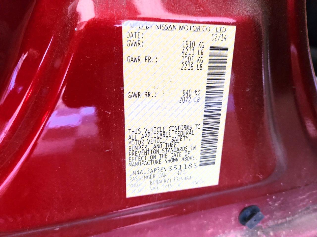 2014 Nissan Altima 2.5 S Бордовый vin: 1N4AL3AP3EN351185