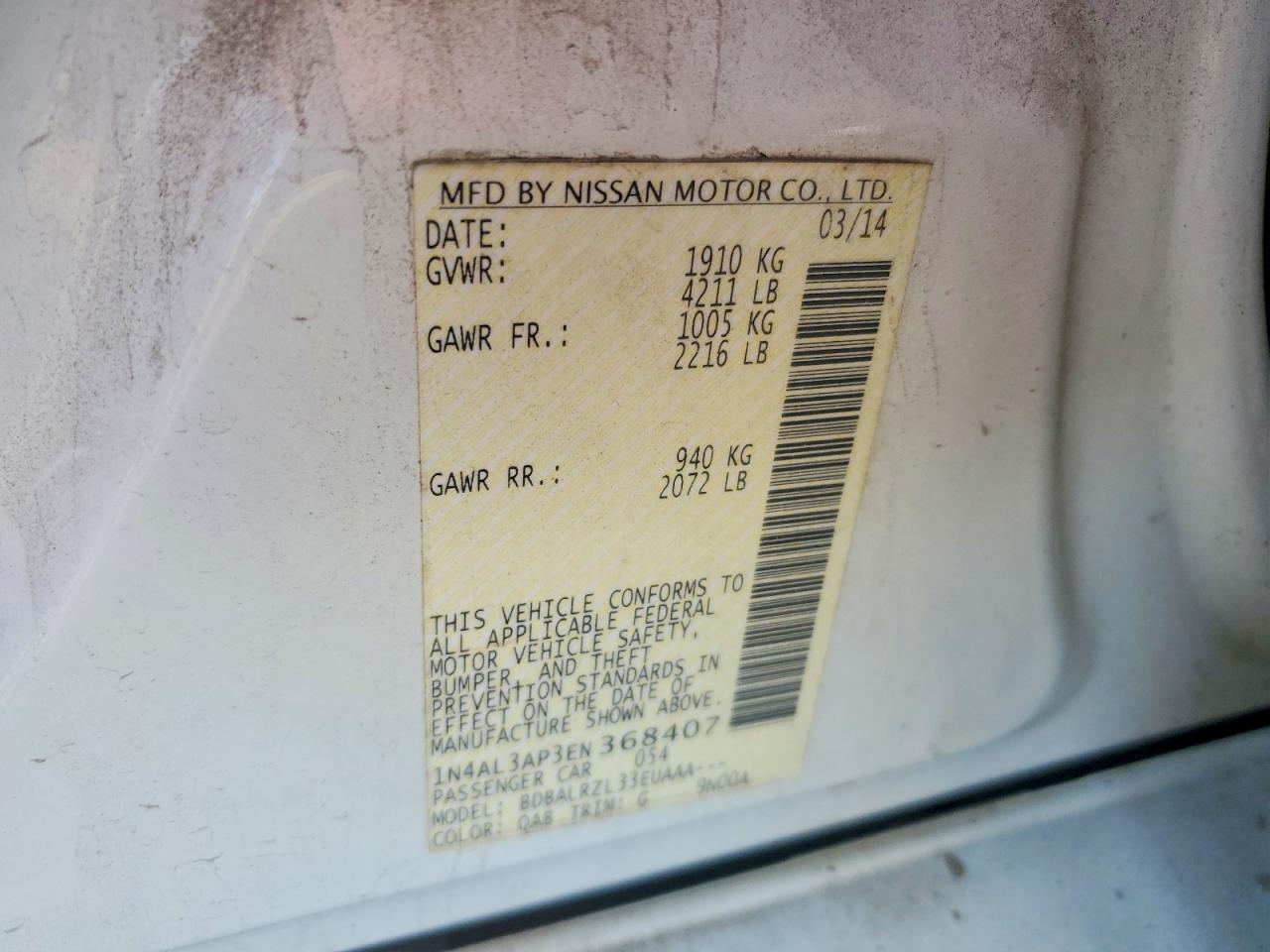 2014 Nissan Altima 2.5 White vin: 1N4AL3AP3EN368407
