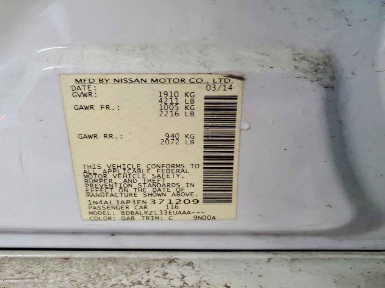 2014 Nissan Altima 2.5 S Белый vin: 1N4AL3AP3EN371209
