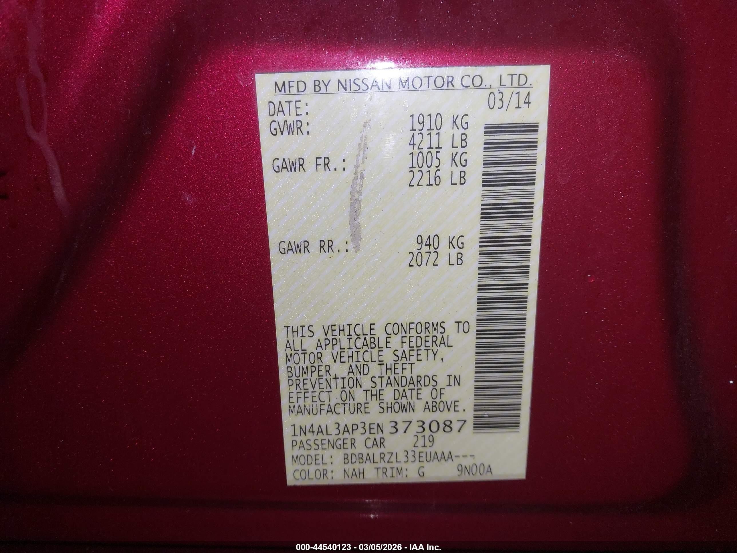 2014 Nissan Altima 2.5/2.5 S/2.5 Sl/2.5 Sv Red vin: 1N4AL3AP3EN373087