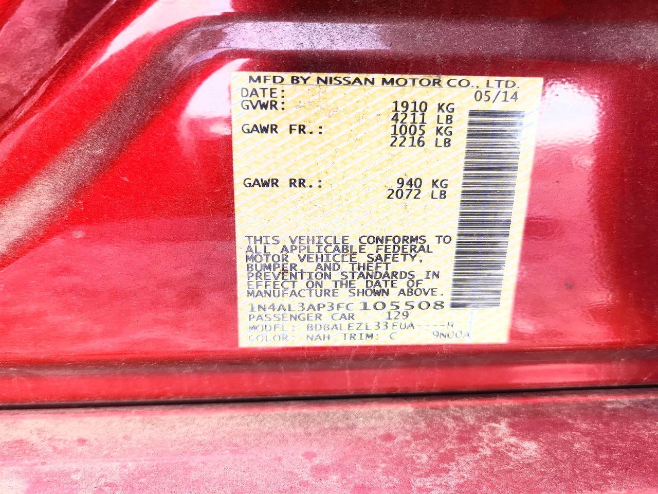 2015 Nissan Altima 2.5 S Red vin: 1N4AL3AP3FC105508