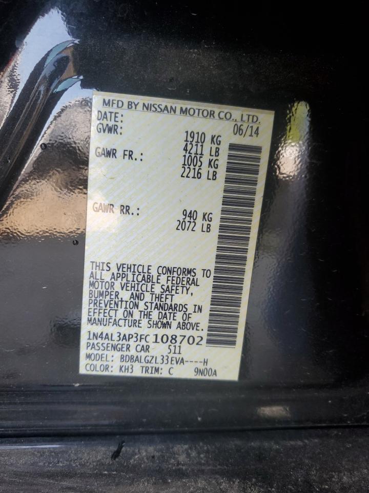 2015 Nissan Altima 2.5 Black vin: 1N4AL3AP3FC108702