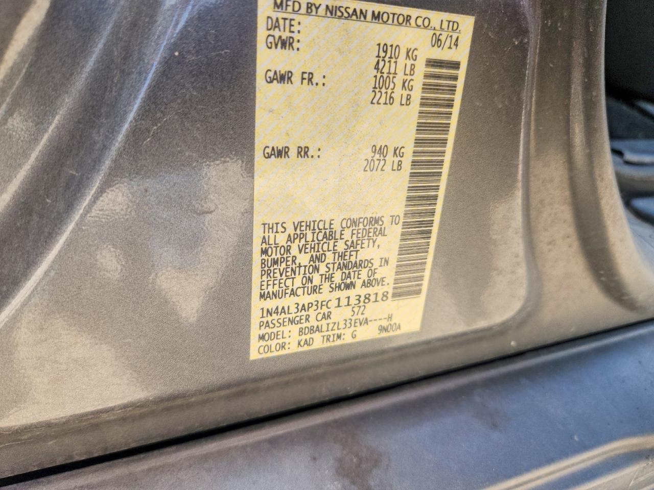 2015 Nissan Altima 2.5 Sv Gray vin: 1N4AL3AP3FC113818