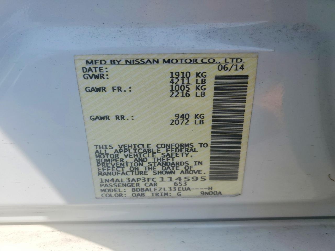 2015 Nissan Altima 2.5 S White vin: 1N4AL3AP3FC114595