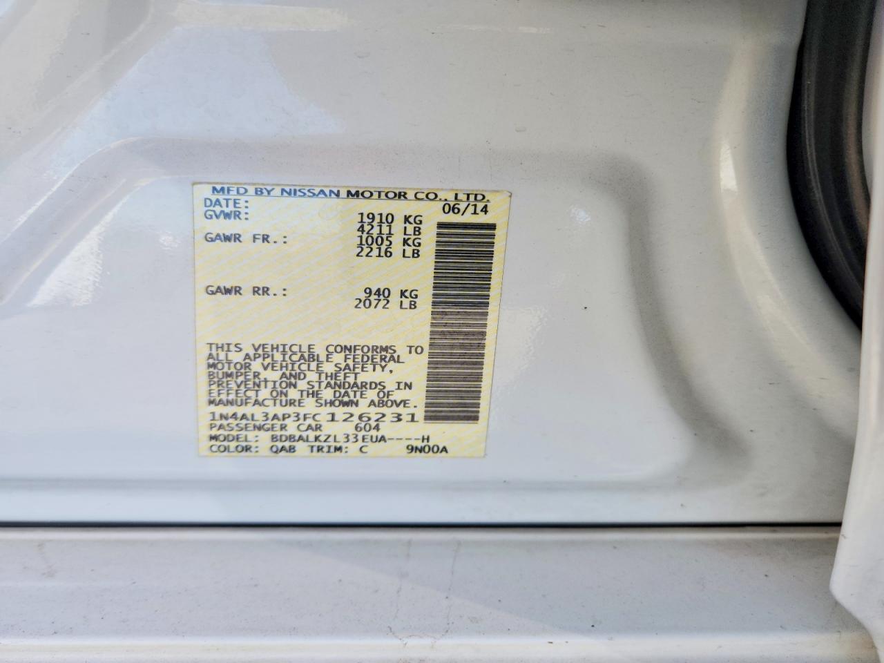 2015 Nissan Altima 2.5 Sv White vin: 1N4AL3AP3FC126231