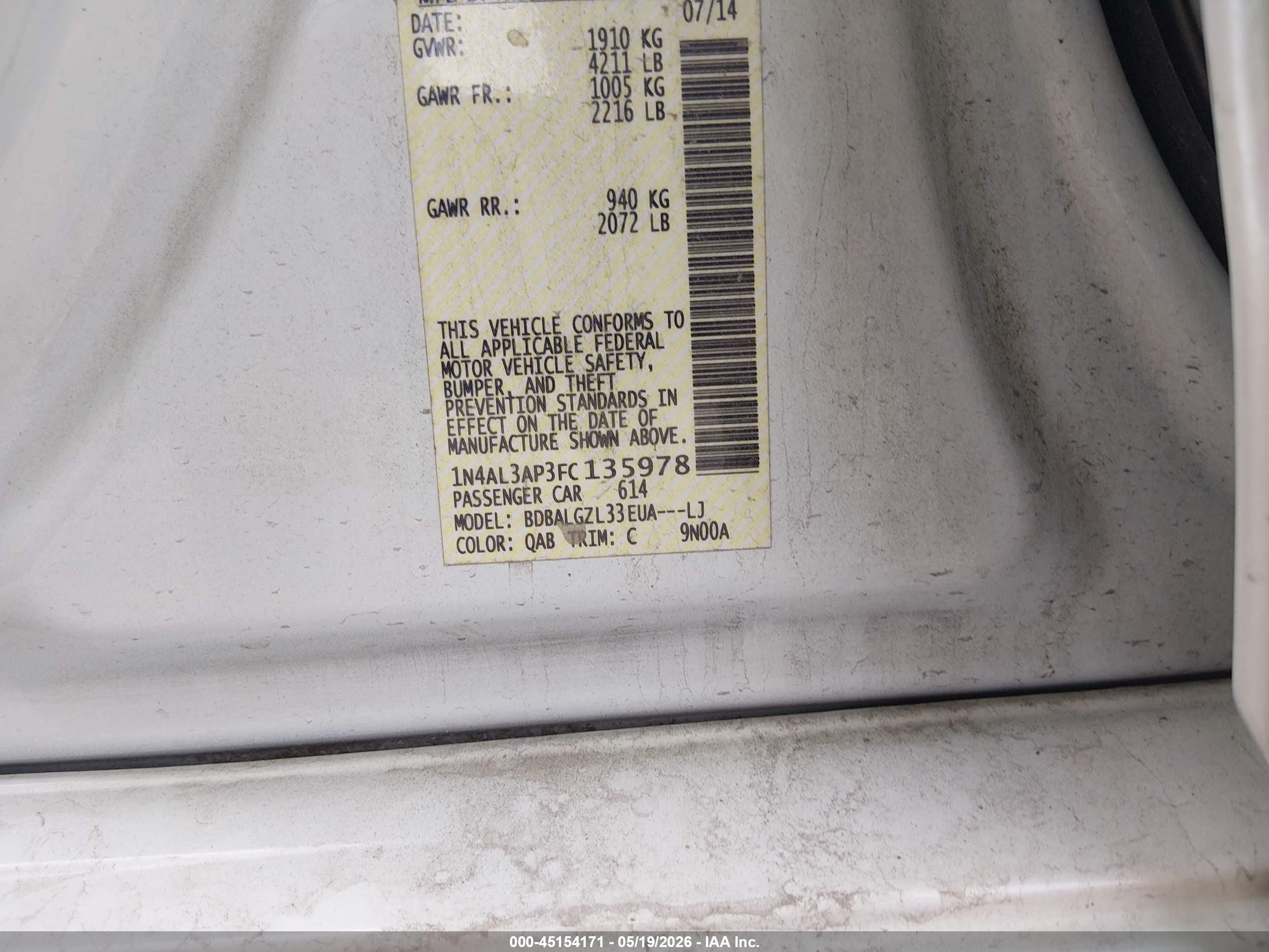2015 Nissan Altima 2.5 S White vin: 1N4AL3AP3FC135978