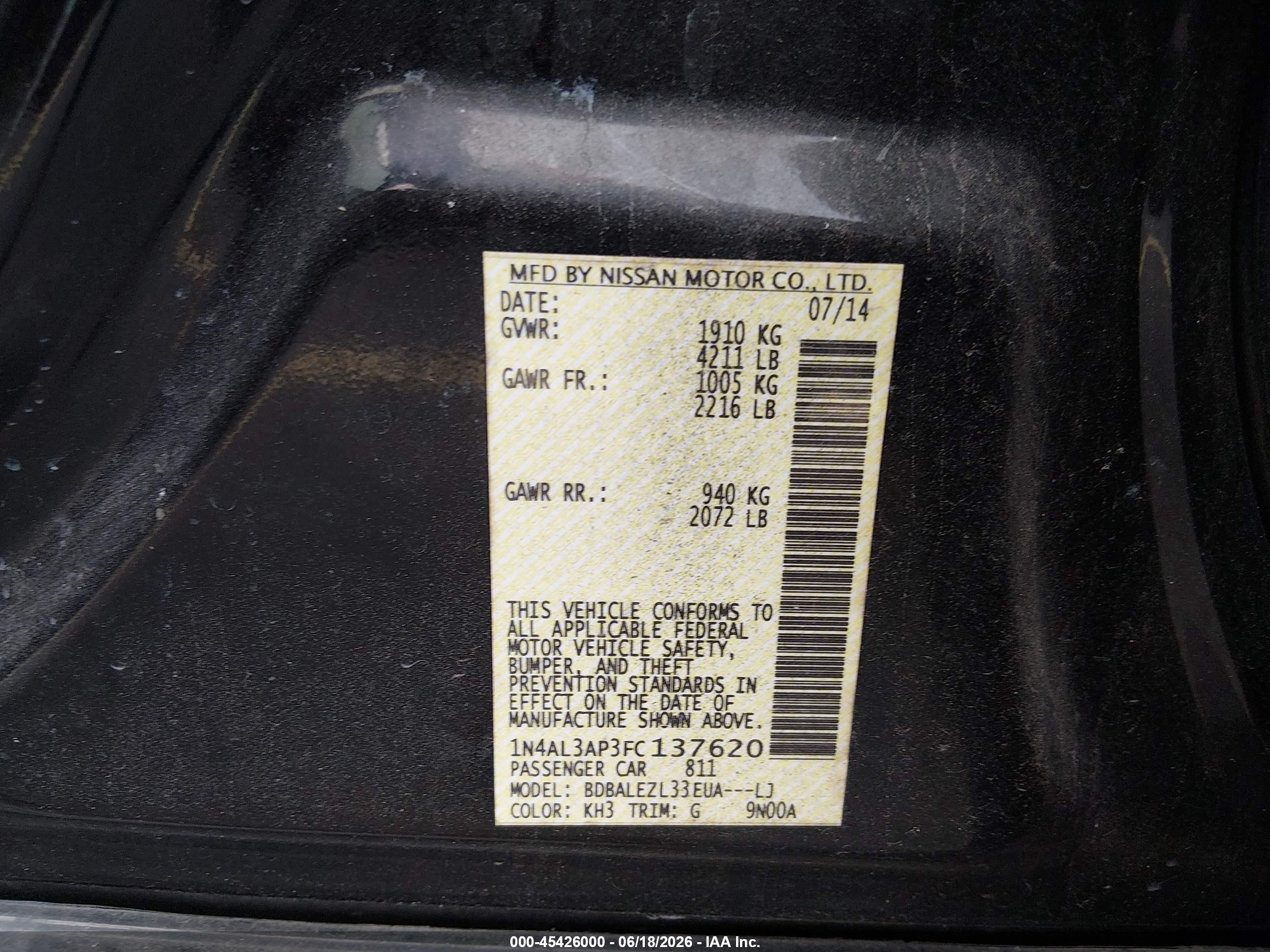 2015 Nissan Altima 2.5 S Черный vin: 1N4AL3AP3FC137620