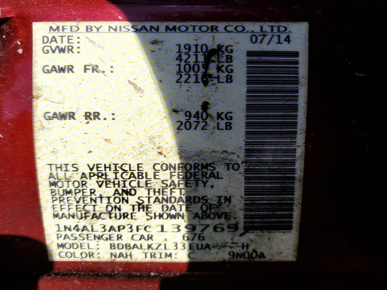 2015 Nissan Altima 2.5 Sv Red vin: 1N4AL3AP3FC139769