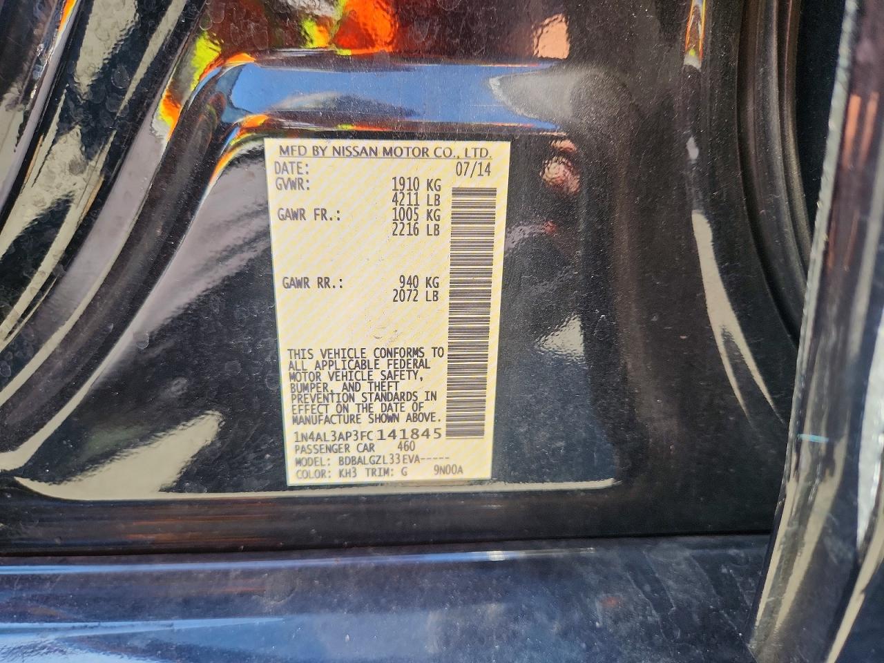 2015 Nissan Altima 2.5 S Black vin: 1N4AL3AP3FC141845