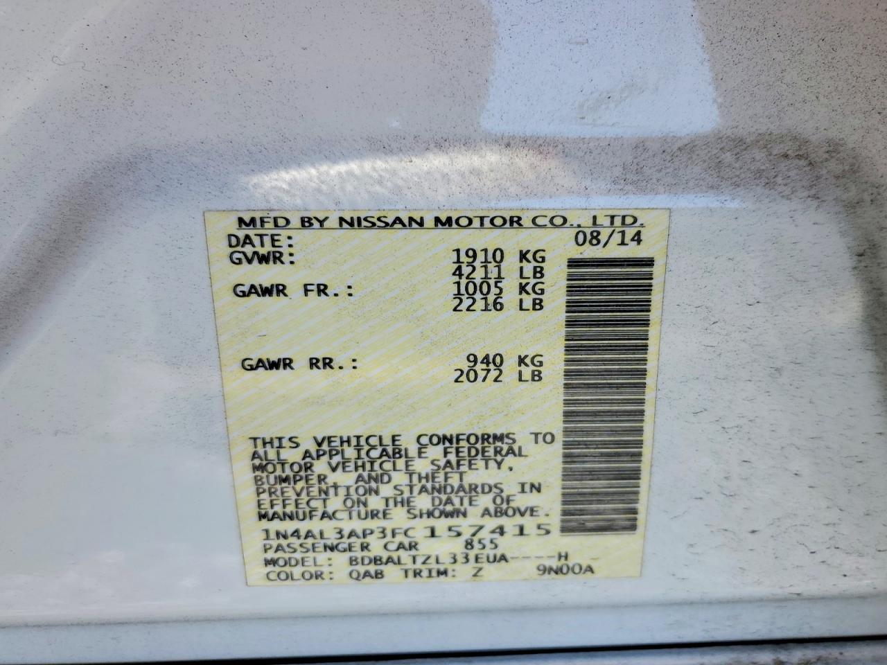 2015 Nissan Altima 2.5 Sl Белый vin: 1N4AL3AP3FC157415