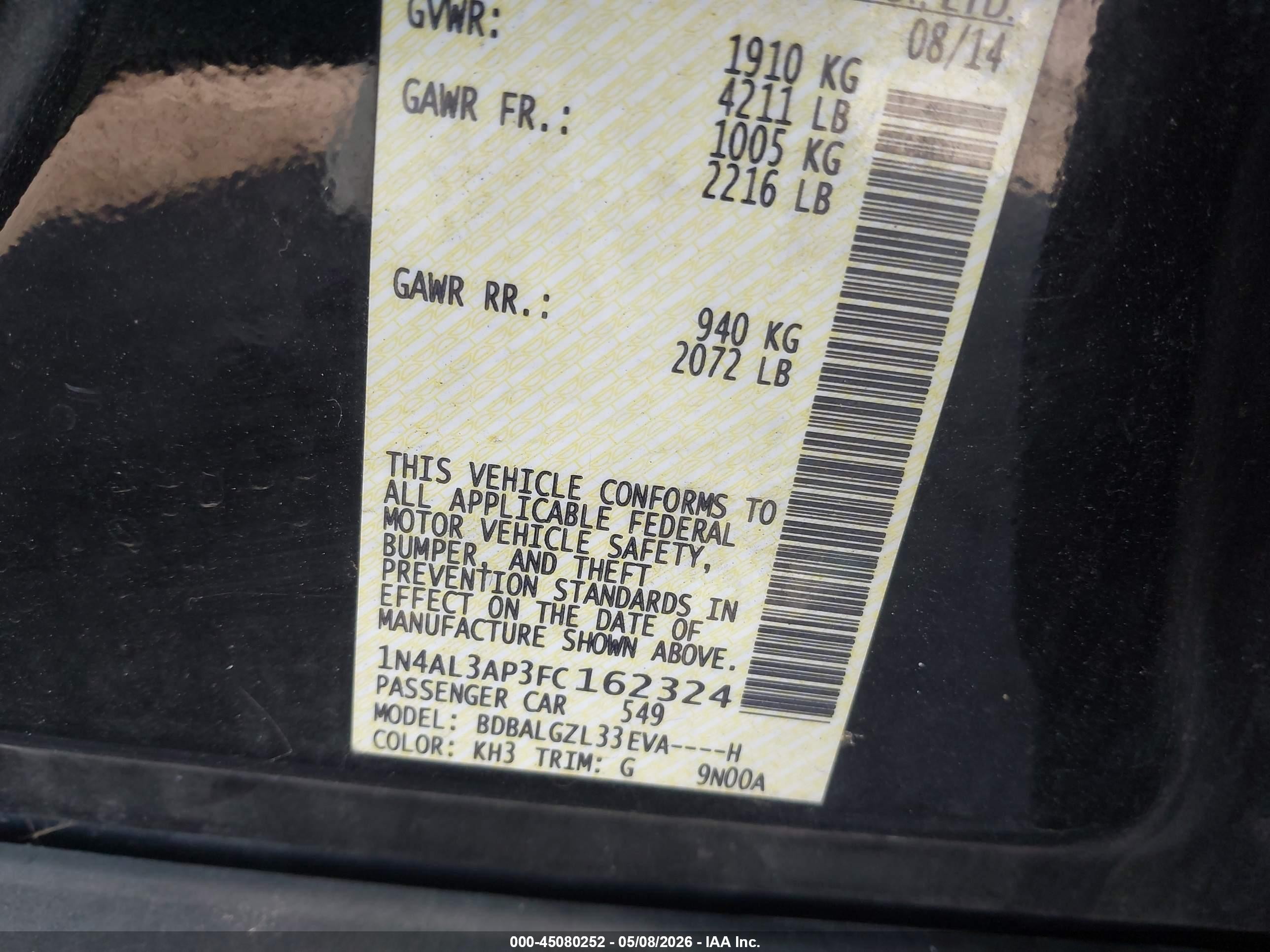 2015 Nissan Altima 2.5 S Черный vin: 1N4AL3AP3FC162324