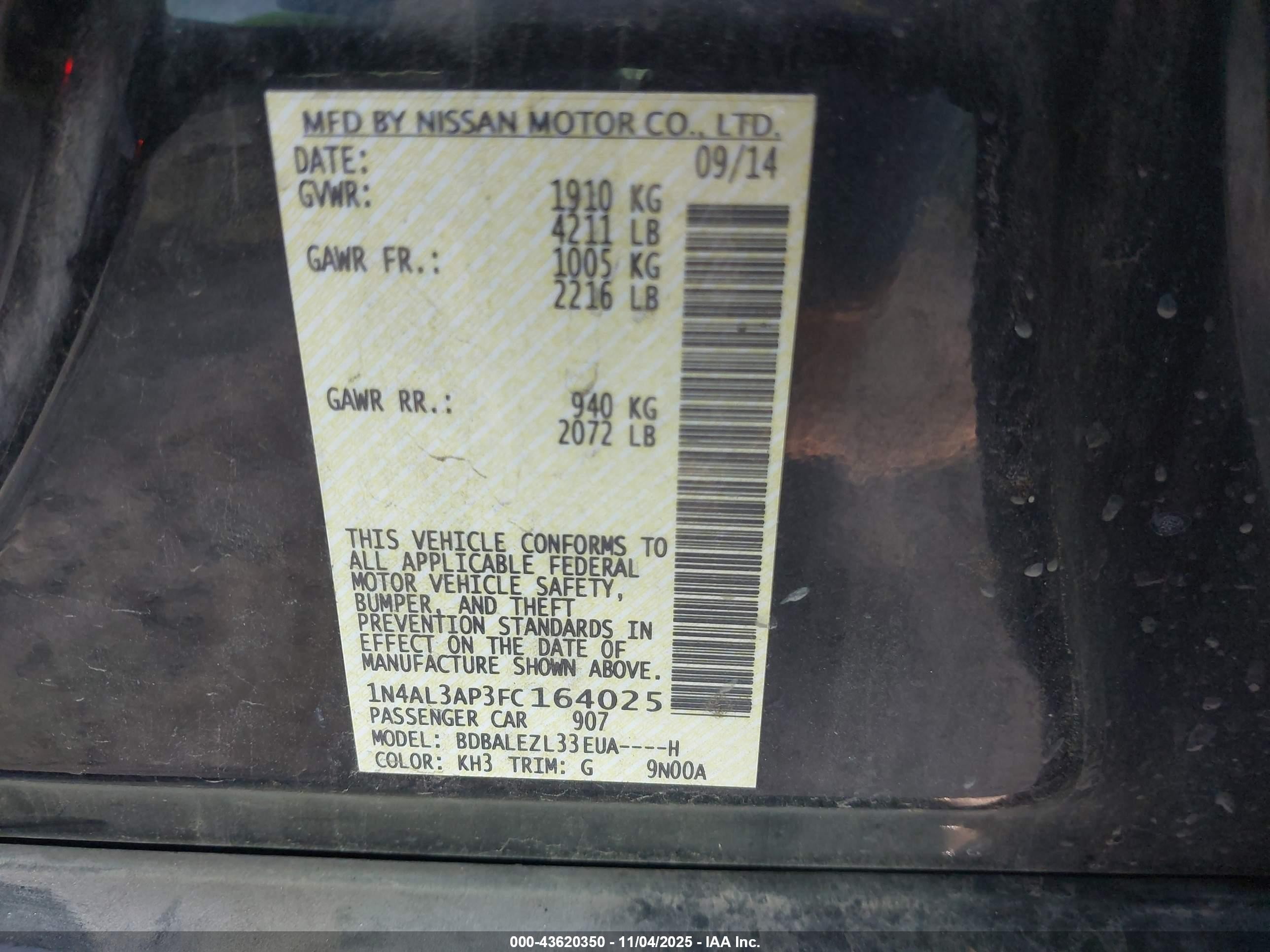 2015 Nissan Altima 2.5 S Black vin: 1N4AL3AP3FC164025
