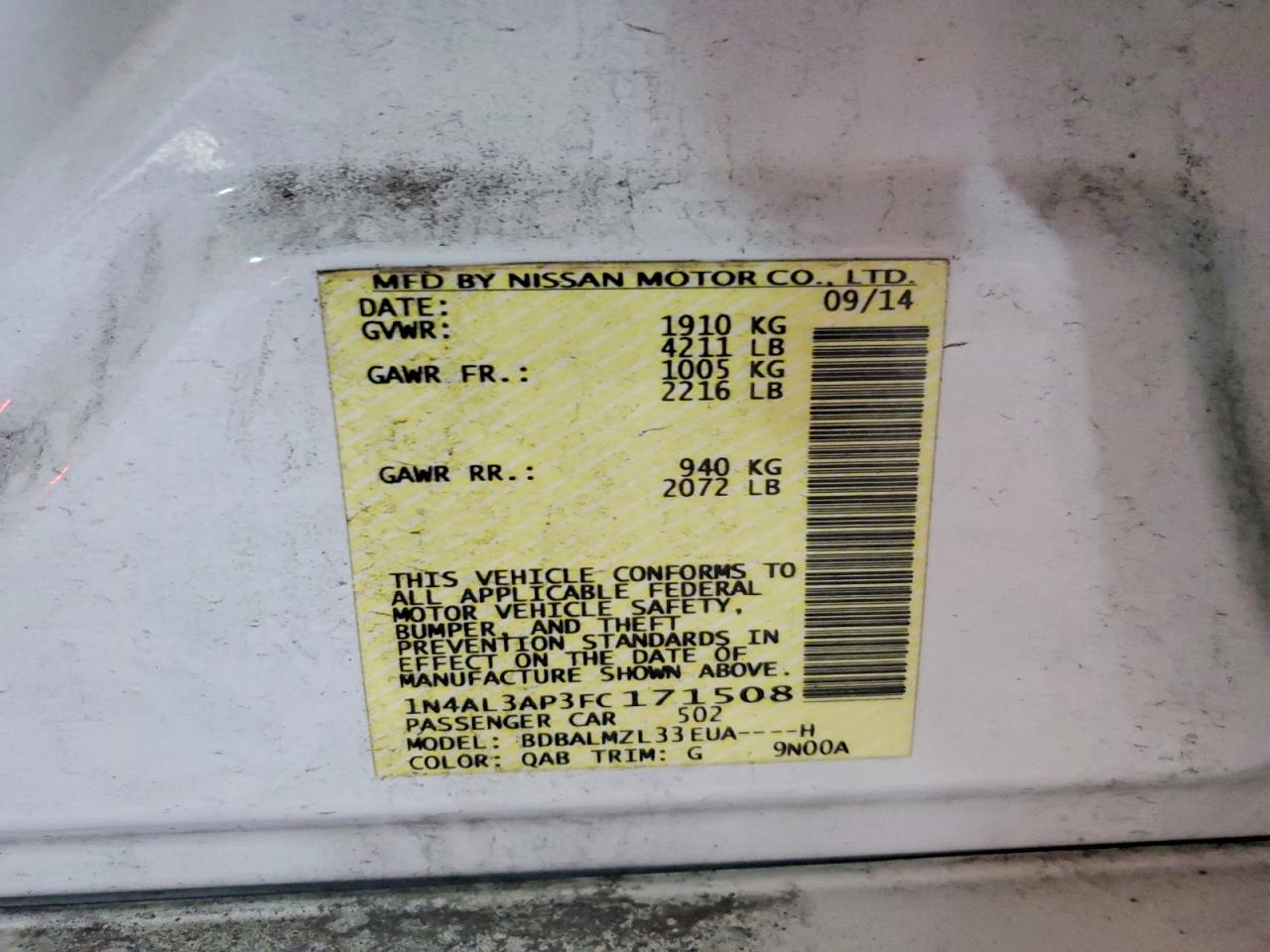 2015 Nissan Altima 2.5 Sv White vin: 1N4AL3AP3FC171508