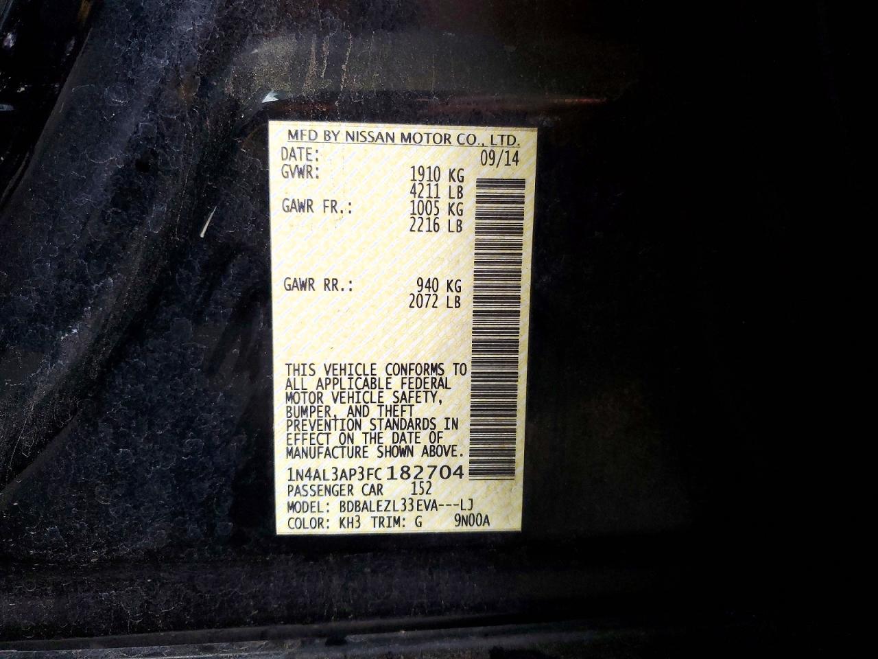 2015 Nissan Altima 2.5 S Black vin: 1N4AL3AP3FC182704