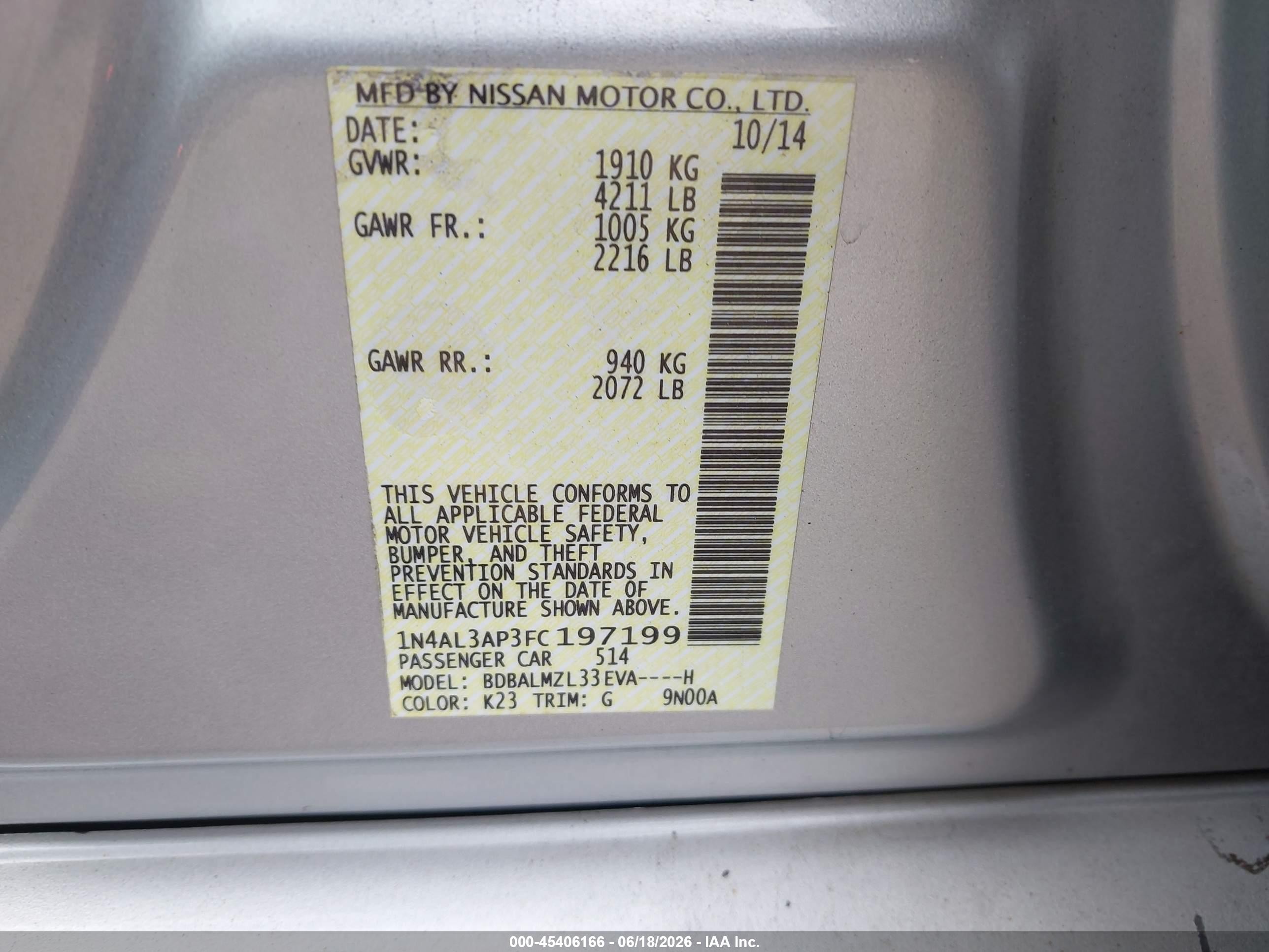 2015 Nissan Altima 2.5 Sv Gray vin: 1N4AL3AP3FC197199