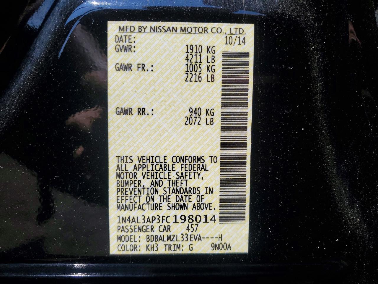 2015 Nissan Altima 2.5 Sv Black vin: 1N4AL3AP3FC198014