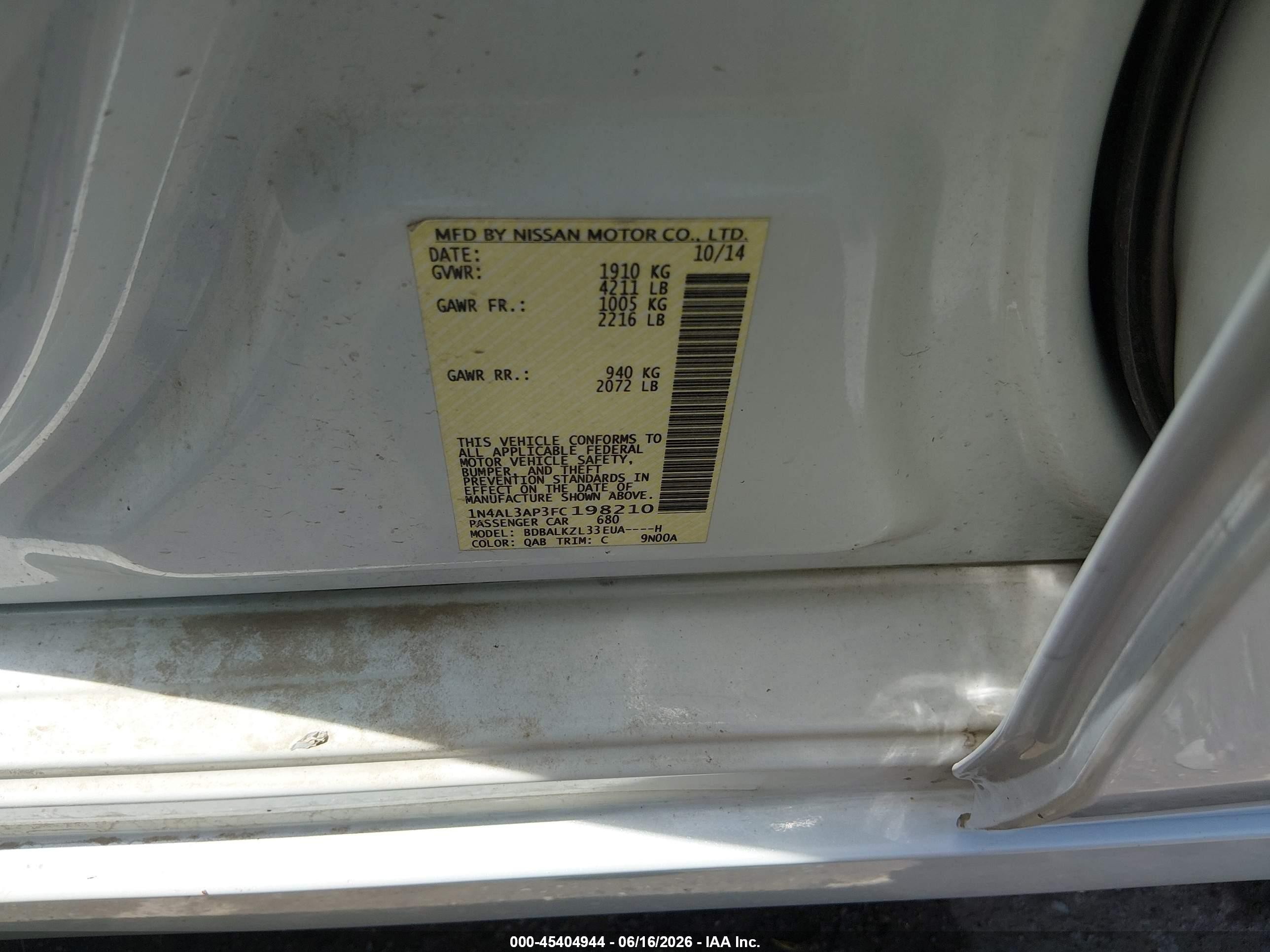 2015 Nissan Altima 2.5 Sv Белый vin: 1N4AL3AP3FC198210