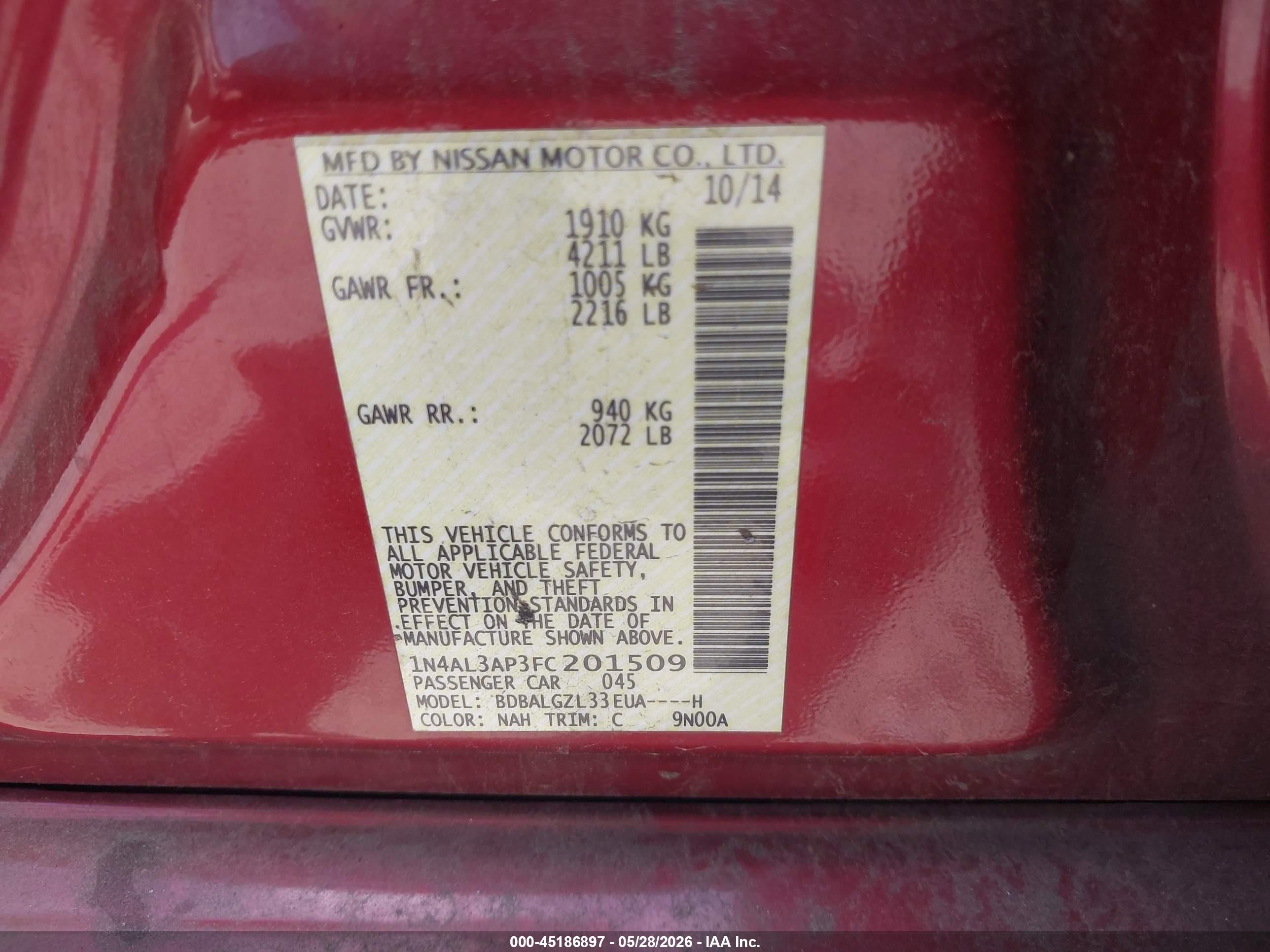 2015 Nissan Altima 2.5 S Red vin: 1N4AL3AP3FC201509