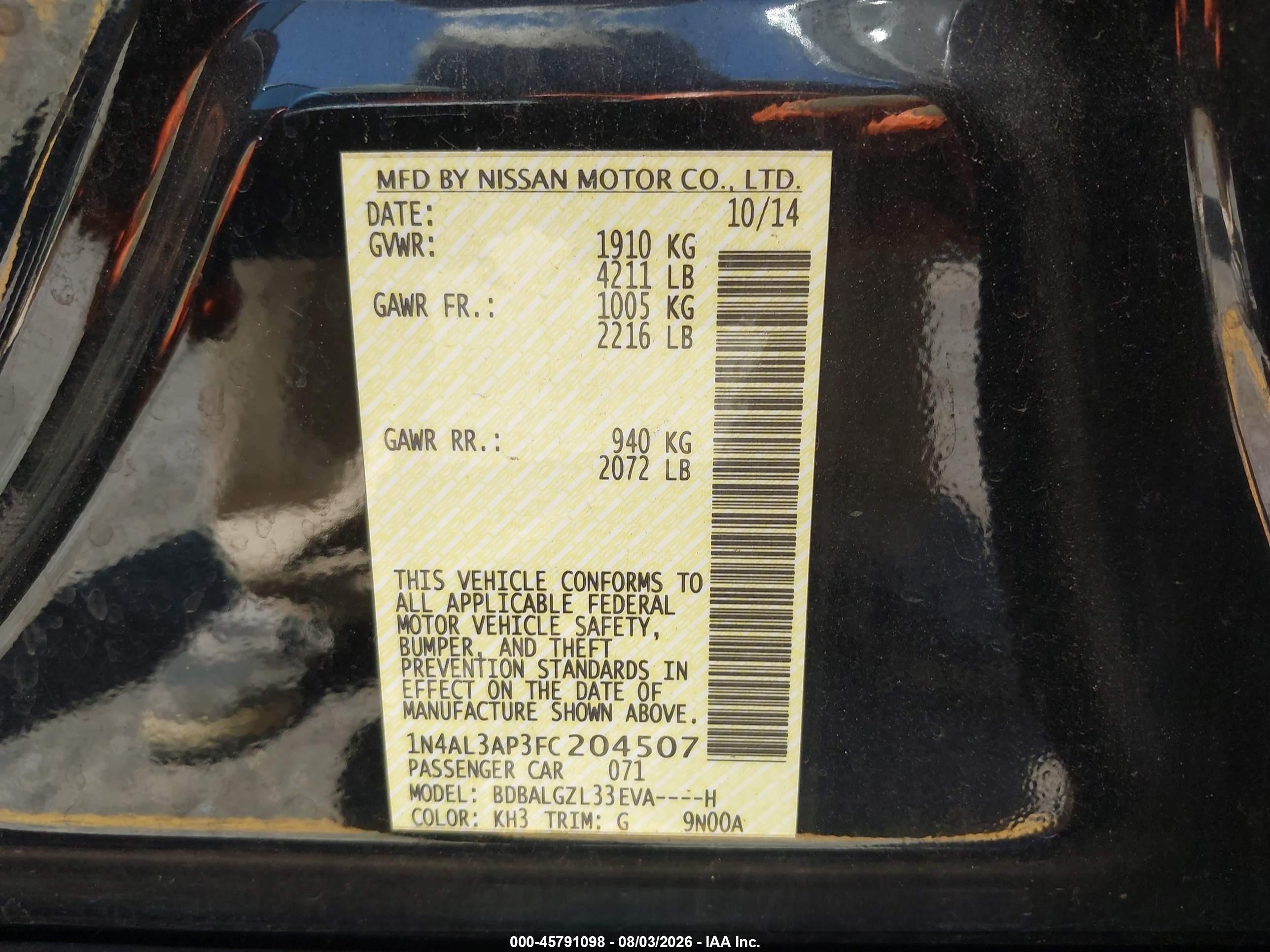 2015 Nissan Altima 2.5 S Black vin: 1N4AL3AP3FC204507