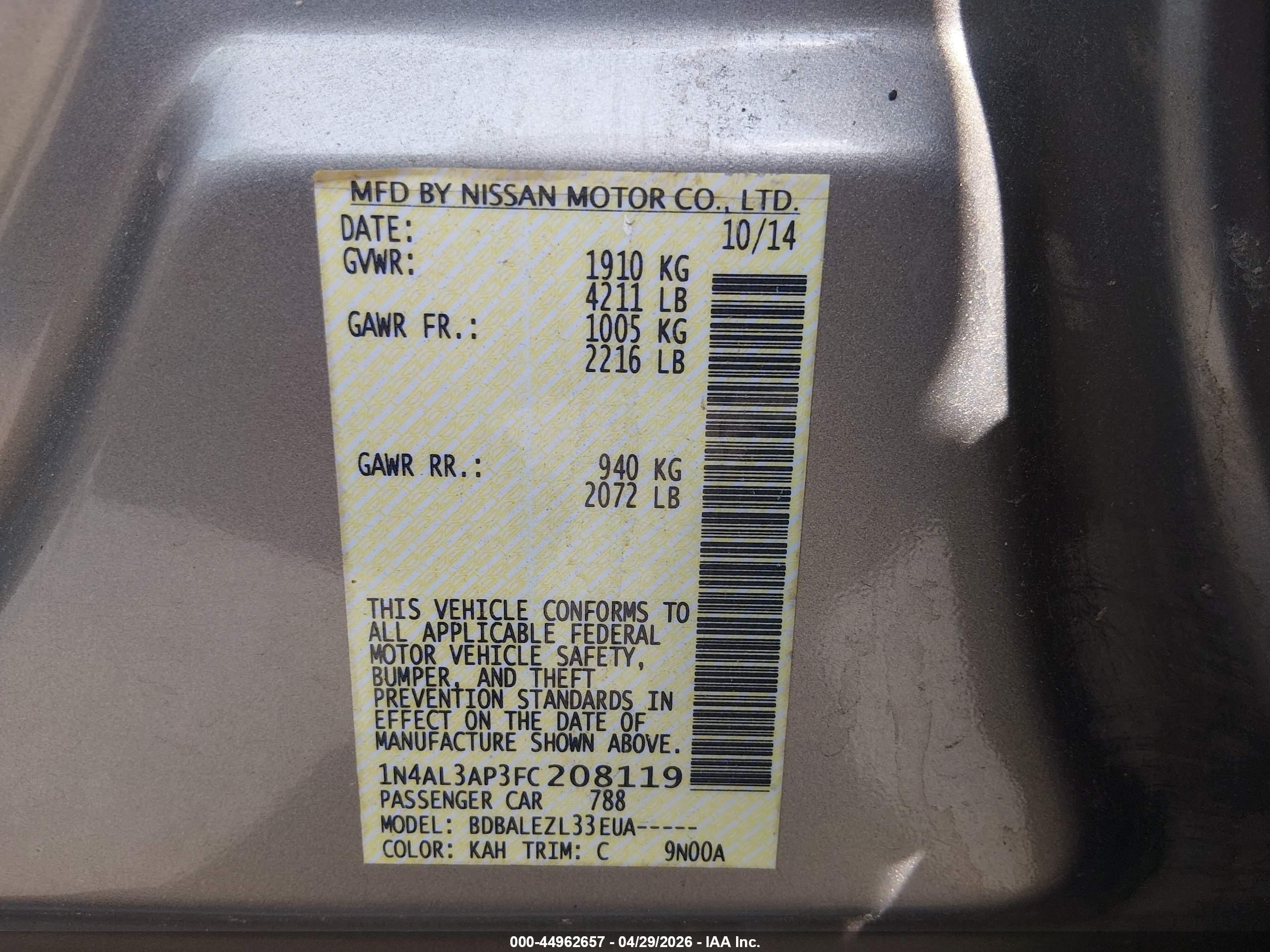 2015 Nissan Altima 2.5 S Champagne vin: 1N4AL3AP3FC208119