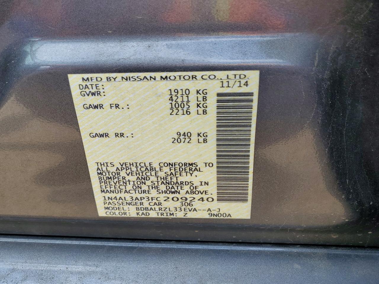 2015 Nissan Altima 2.5 Sl Gray vin: 1N4AL3AP3FC209240