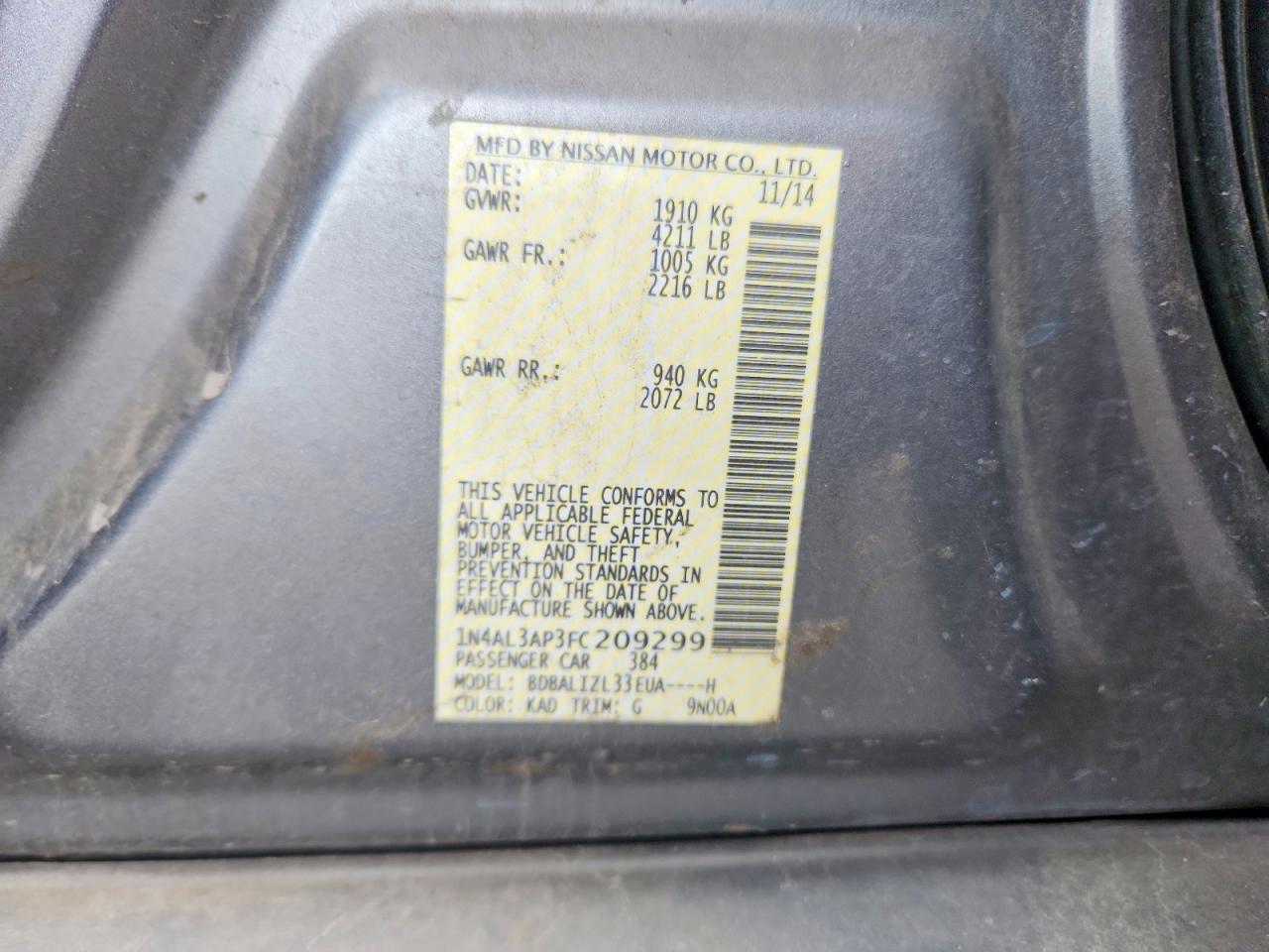2015 Nissan Altima 2.5 Charcoal vin: 1N4AL3AP3FC209299