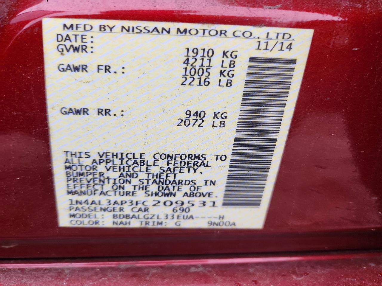 2015 Nissan Altima 2.5 S Red vin: 1N4AL3AP3FC209531