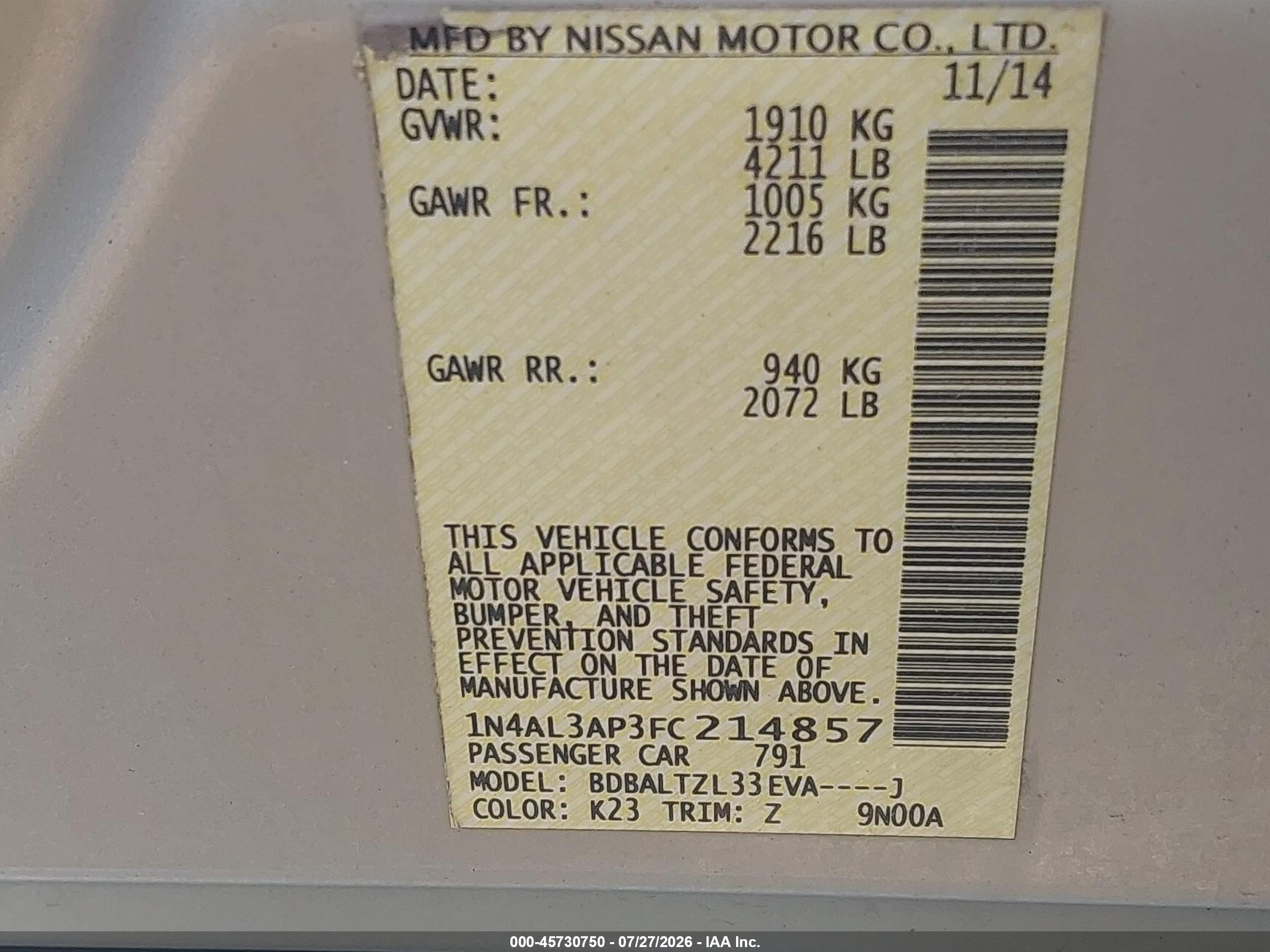 2015 Nissan Altima 2.5 Sl Серебряный vin: 1N4AL3AP3FC214857
